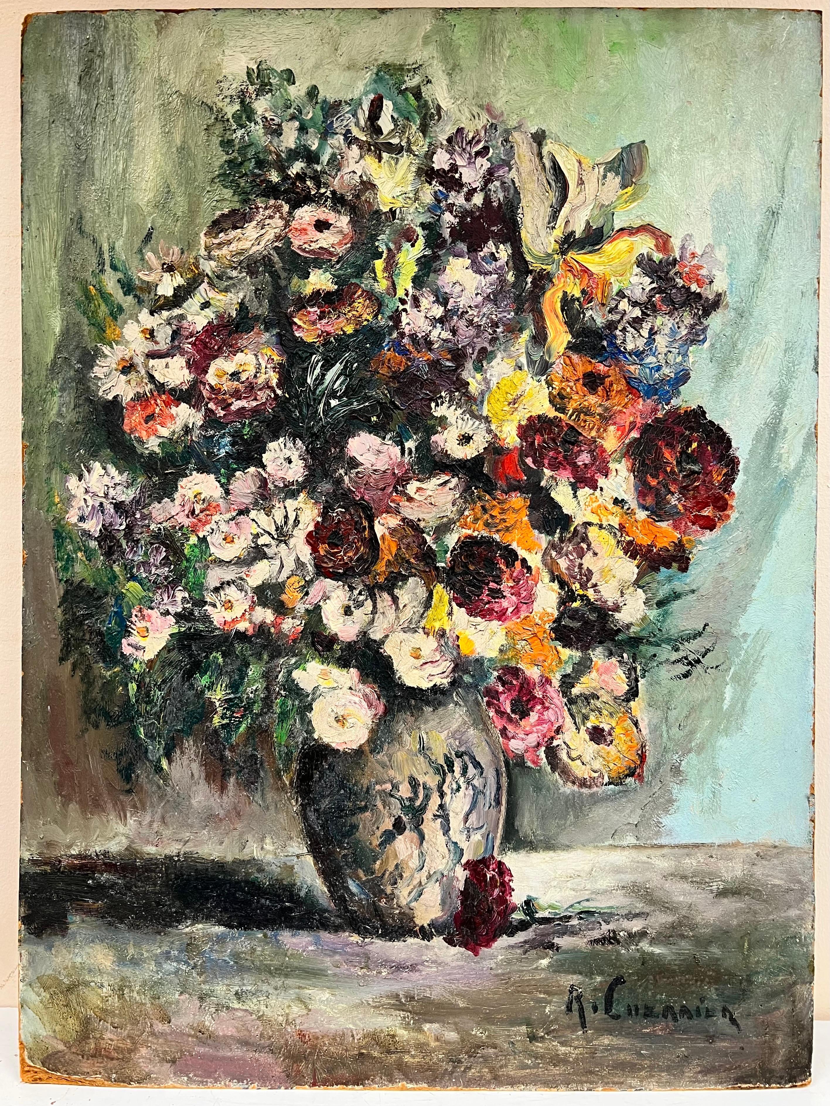 1950's French Post Impressionist Signed Oil Flowers in a Vase, very colorful - Painting by French School