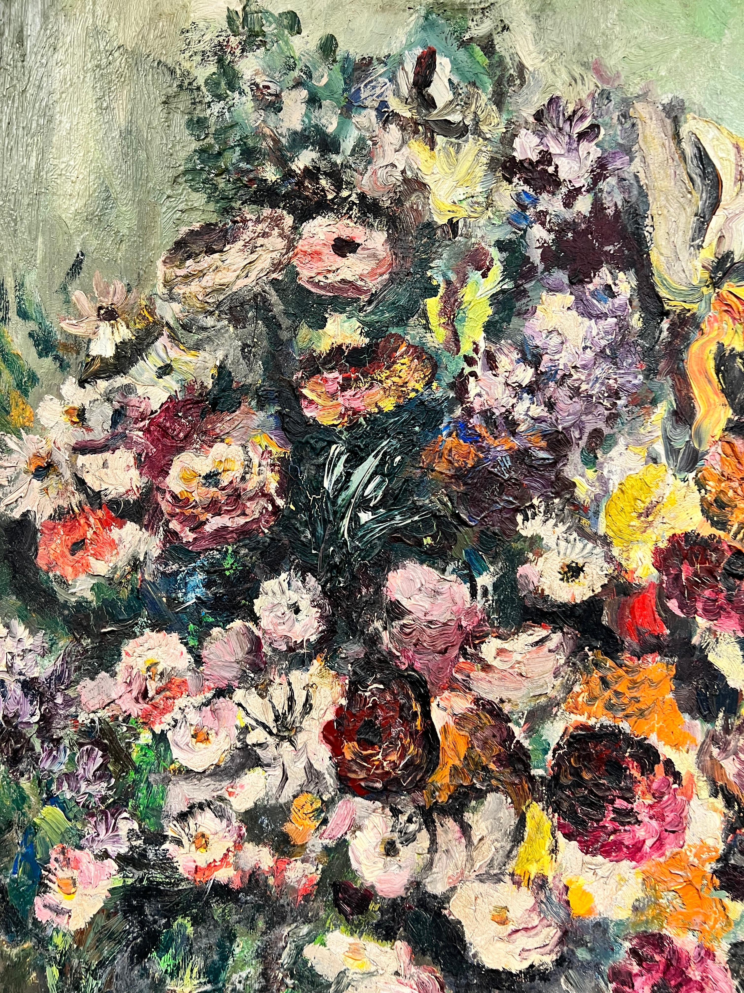 Olio francese post impressionista del 1950 firmato Fiori in vaso, molto colorato - Painting Postimpressionismo di French School