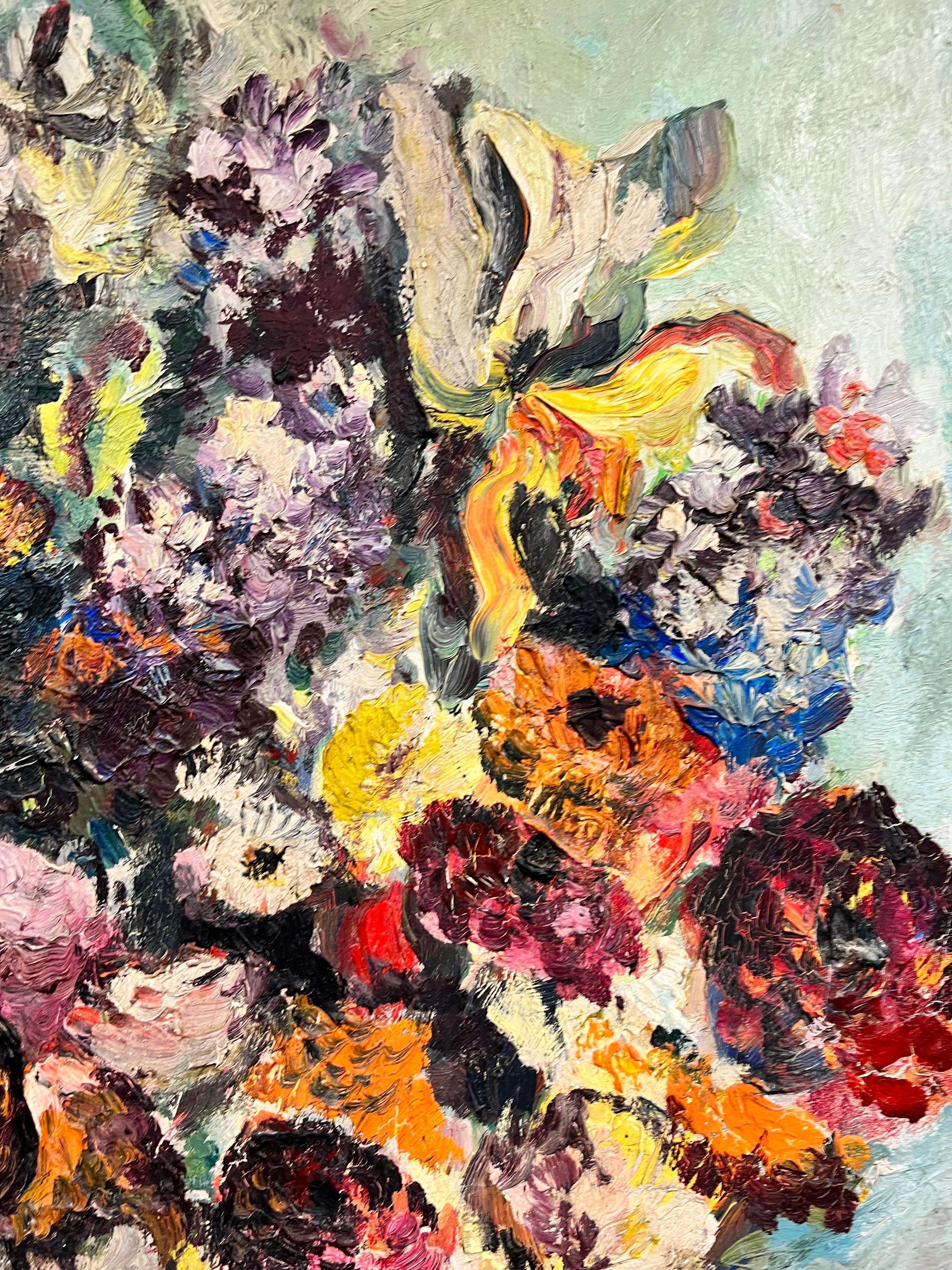 Olio francese post impressionista del 1950 firmato Fiori in vaso, molto colorato - Still-Life Painting Marrone di French School
