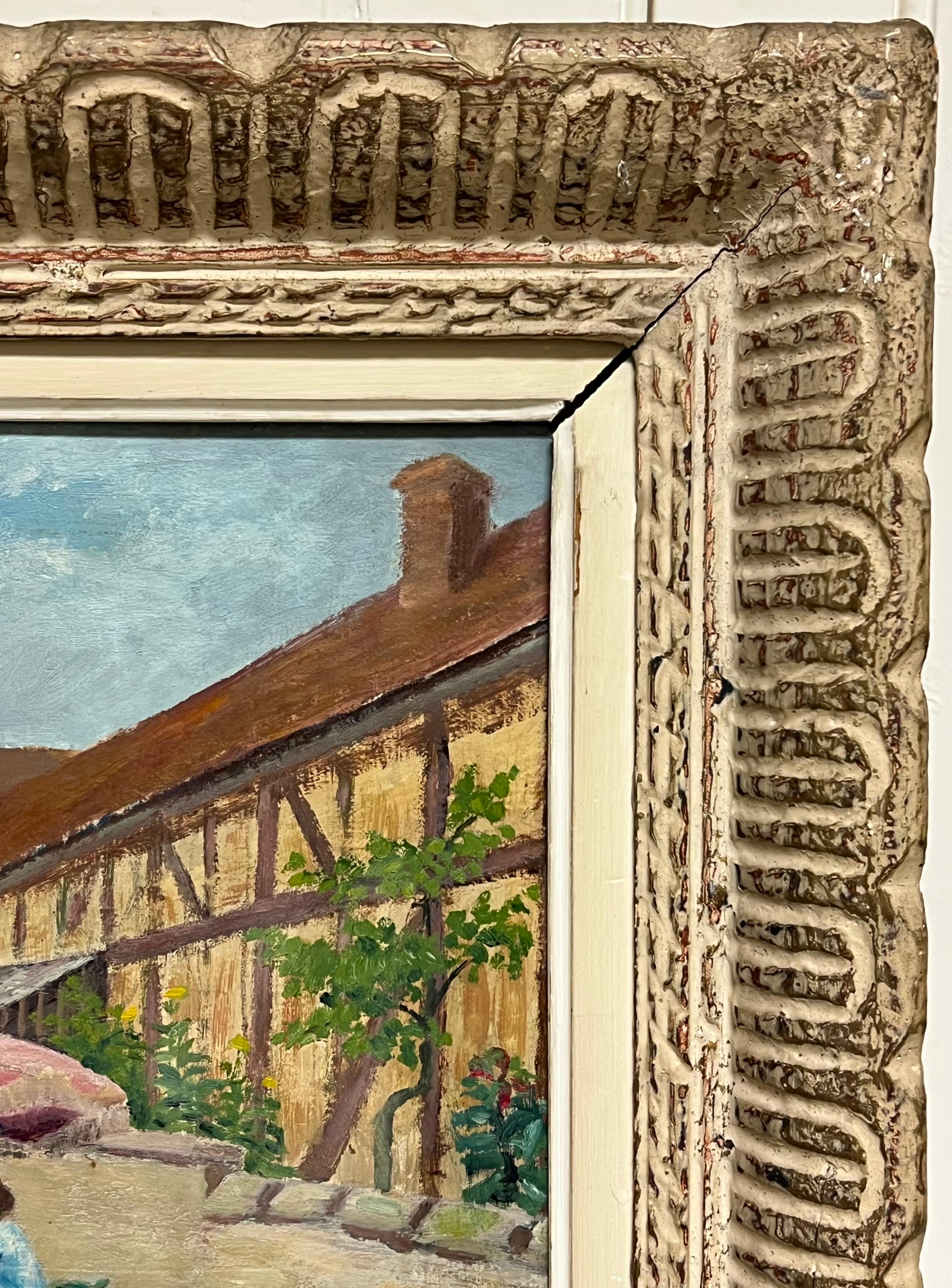 Olio firmato da un post impressionista francese degli anni '50 Signora sotto l'ombrellone in un giardino francese in vendita 5