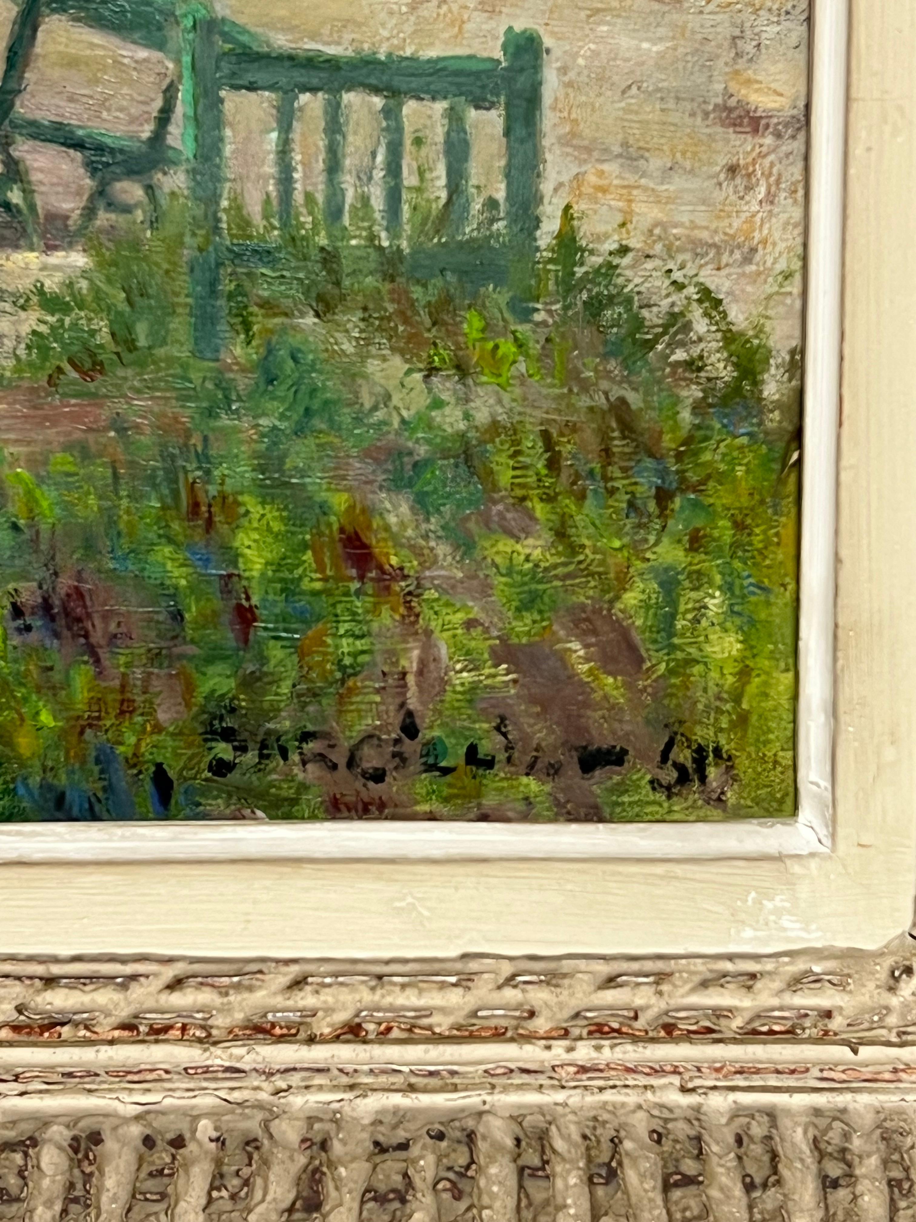 Olio firmato da un post impressionista francese degli anni '50 Signora sotto l'ombrellone in un giardino francese in vendita 6