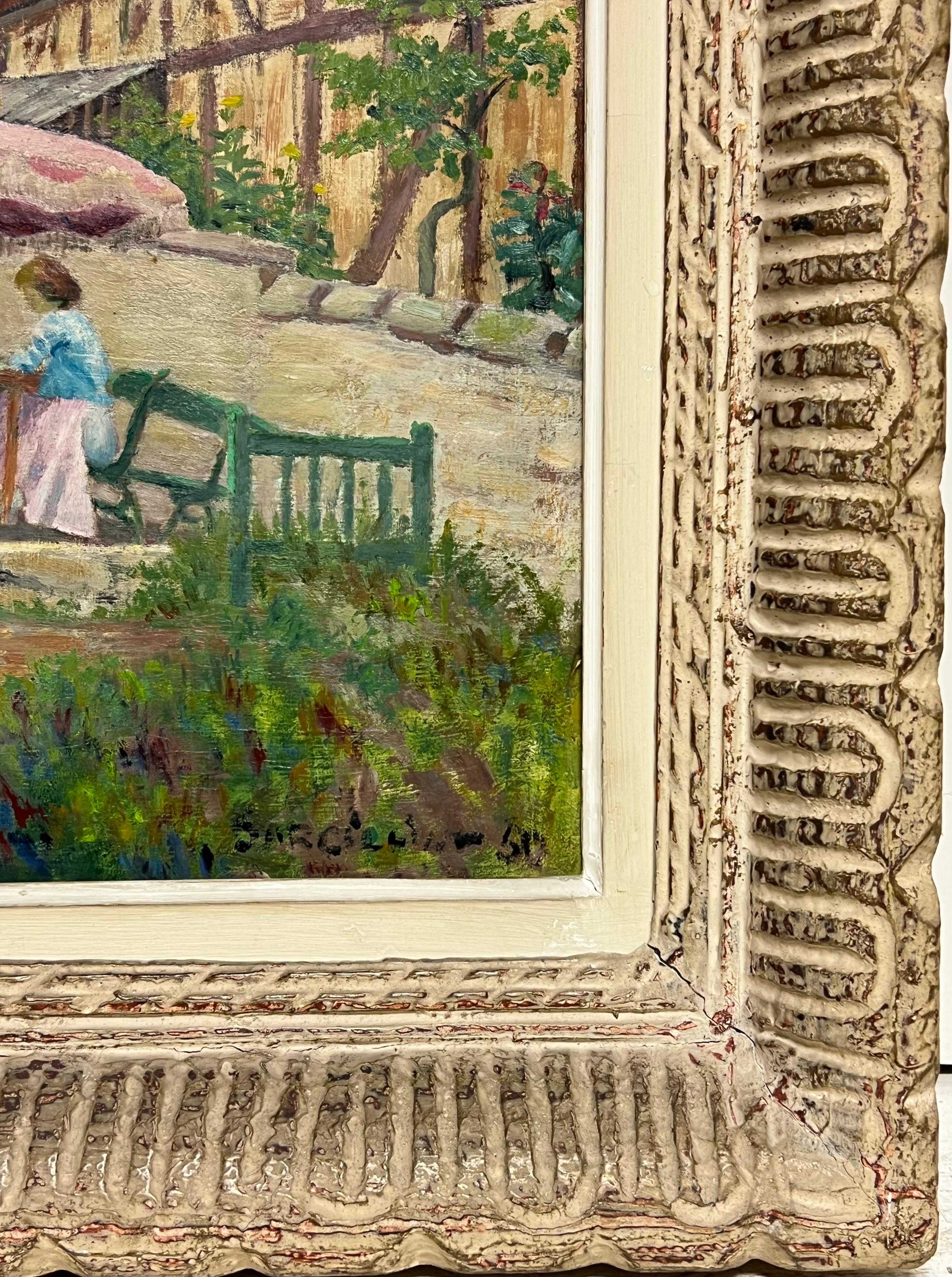 Olio firmato da un post impressionista francese degli anni '50 Signora sotto l'ombrellone in un giardino francese in vendita 7