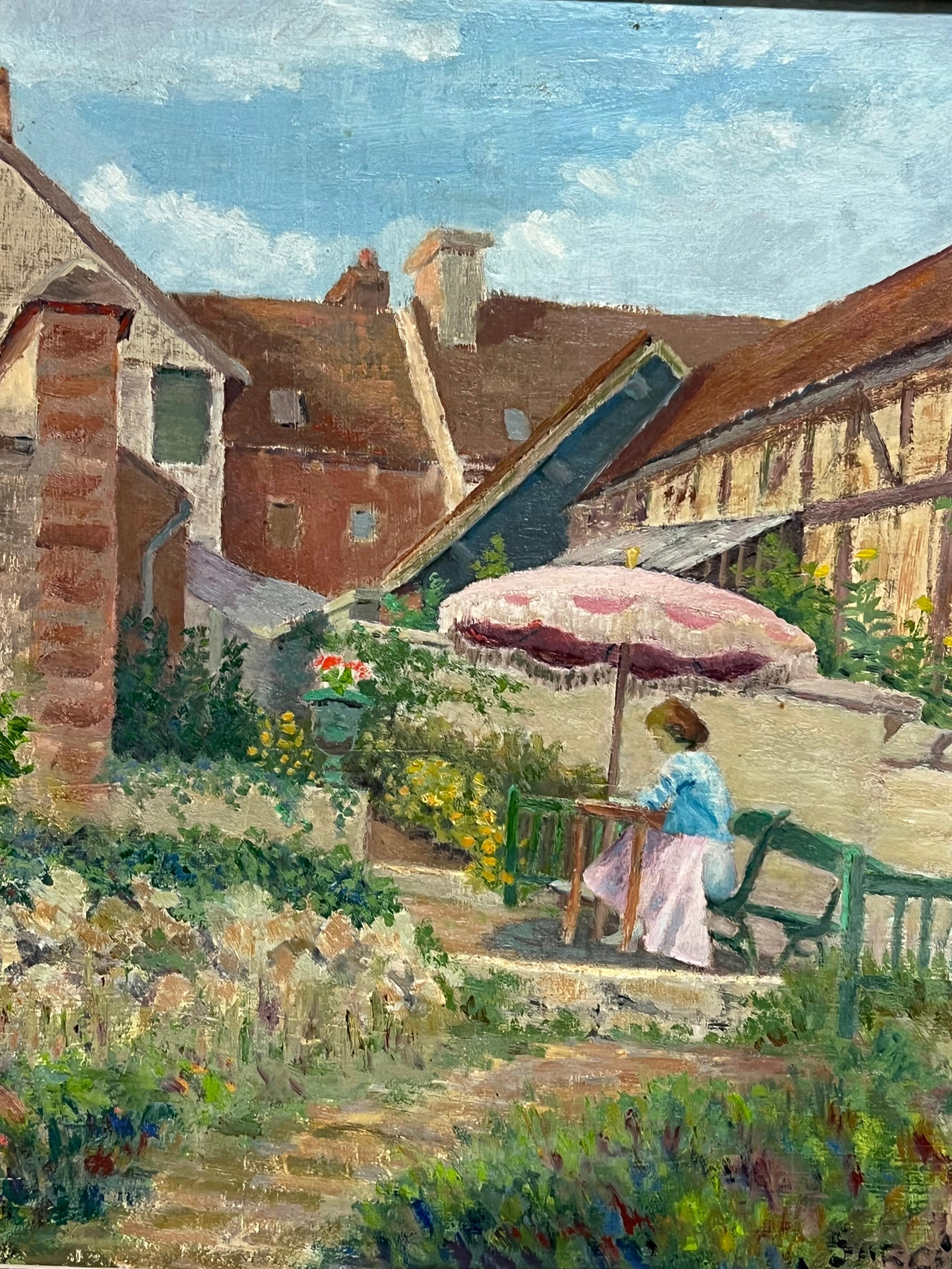 Olio firmato da un post impressionista francese degli anni '50 Signora sotto l'ombrellone in un giardino francese in vendita 8