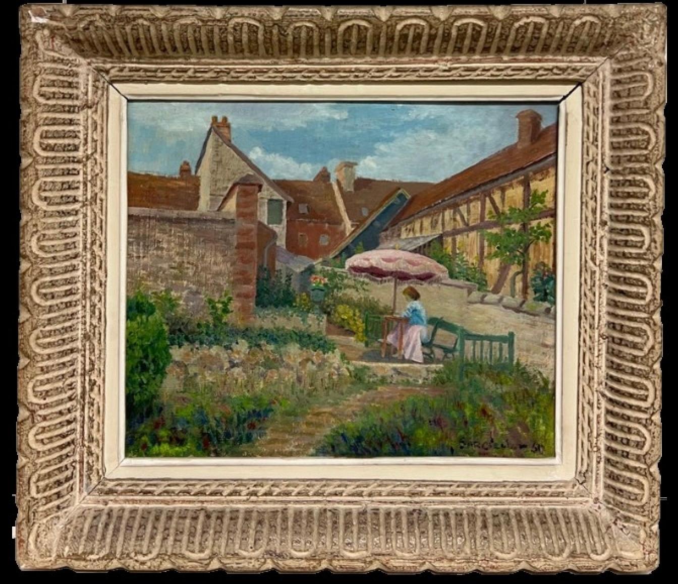 Olio firmato da un post impressionista francese degli anni '50 Signora sotto l'ombrellone in un giardino francese - Painting di French School