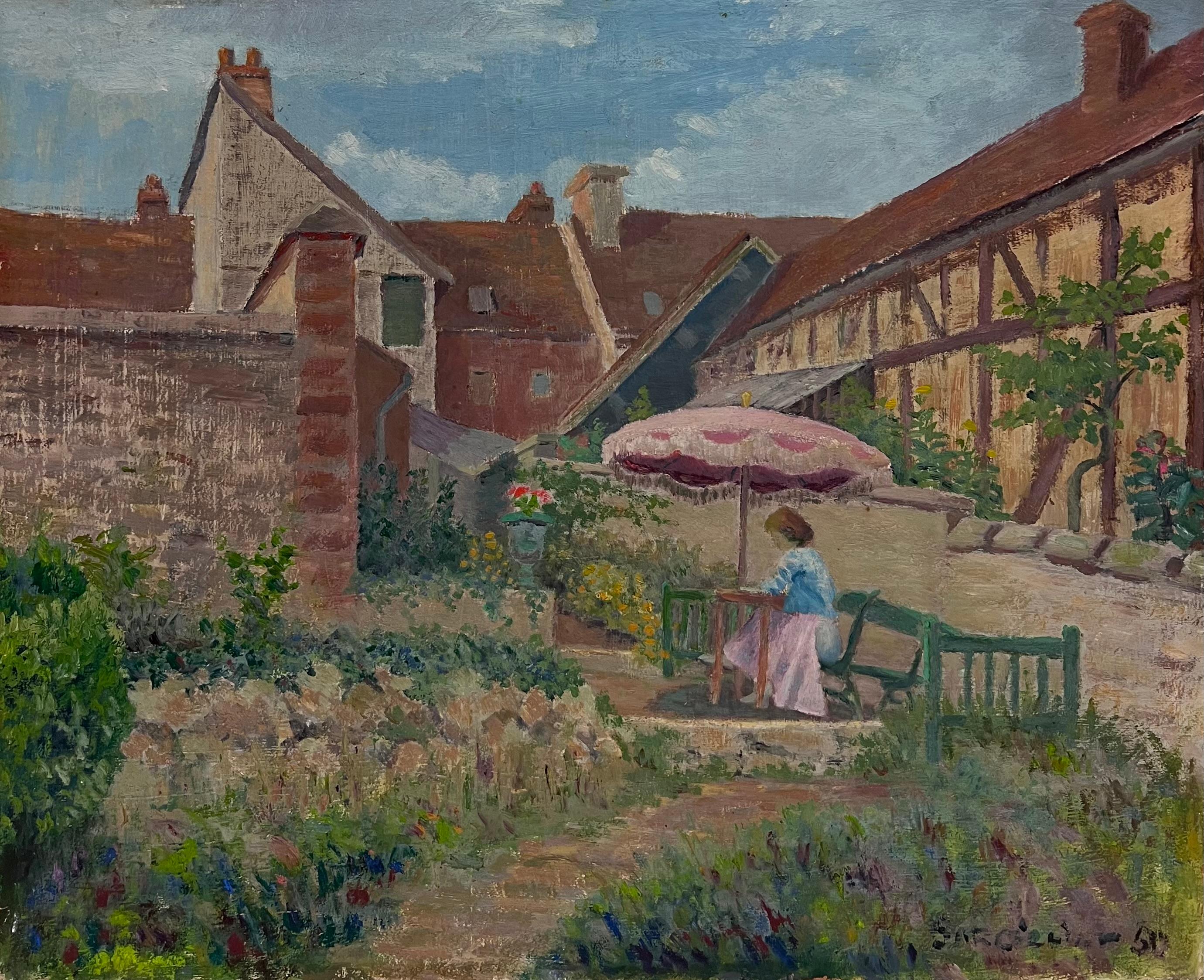 1950's Französisch Post Impressionist Signiert Öl Dame unter Sonnenschirm in Französisch Garten