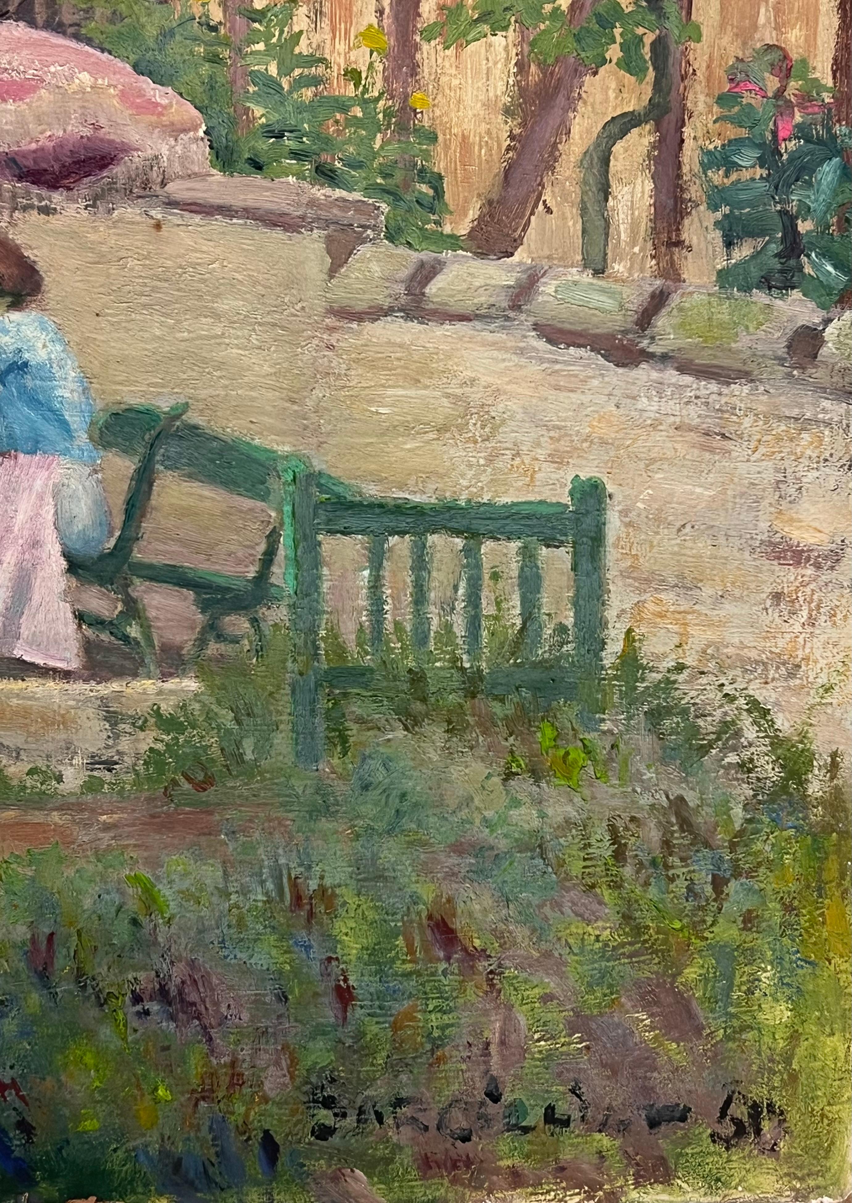 Huile post-impressionniste française des années 1950 signée Dame sous un parasol dans un jardin français - Painting de French School