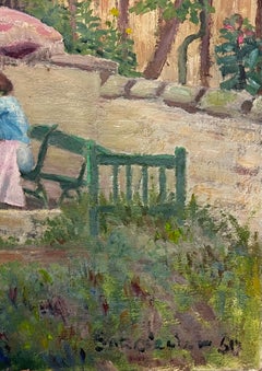 1950's French Post Impressionist Signed Oil Lady under Parasol in French Garden