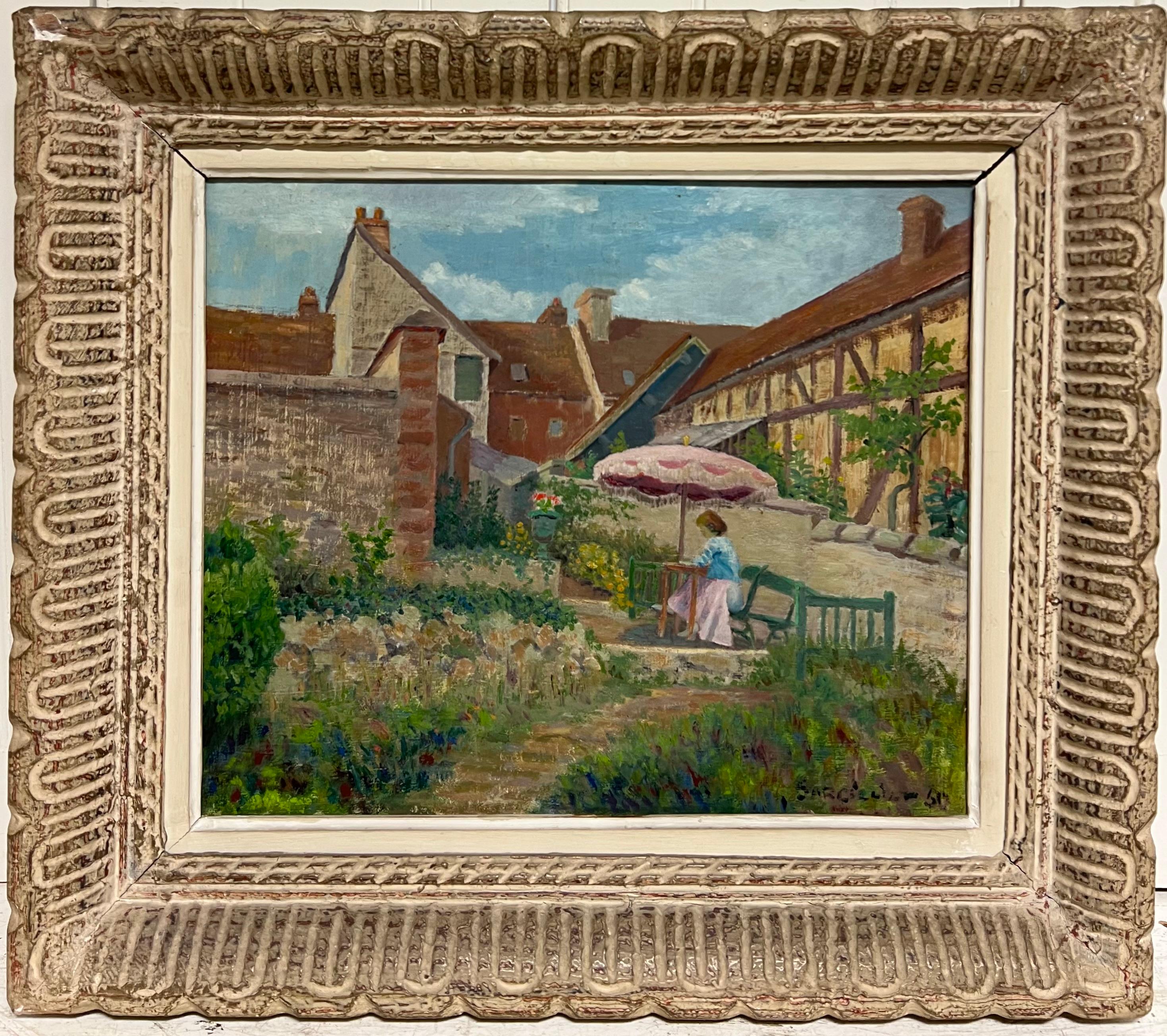 Olio firmato da un post impressionista francese degli anni '50 Signora sotto l'ombrellone in un giardino francese - Figurative Painting Marrone di French School