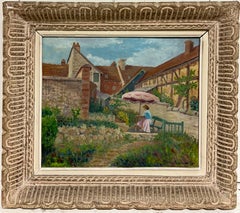 Huile post-impressionniste française des années 1950 signée Dame sous un parasol dans un jardin français