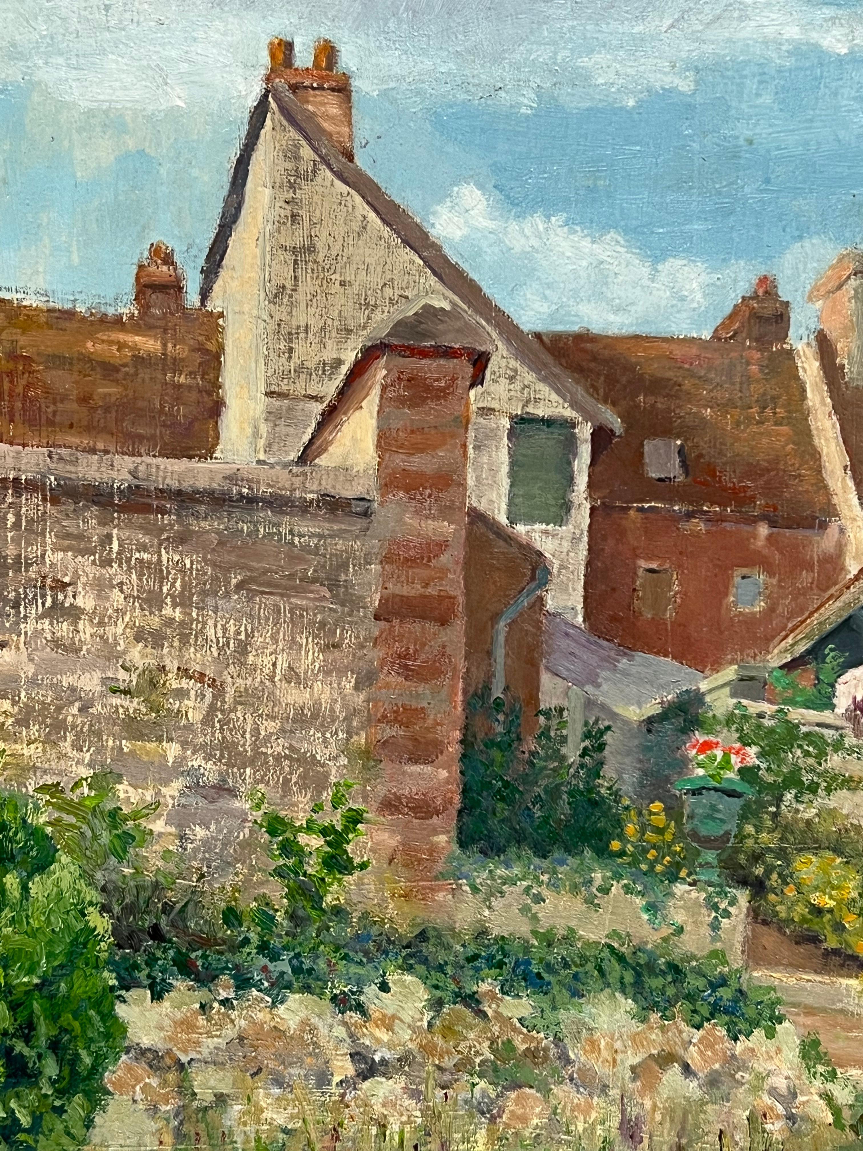 Olio firmato da un post impressionista francese degli anni '50 Signora sotto l'ombrellone in un giardino francese in vendita 1