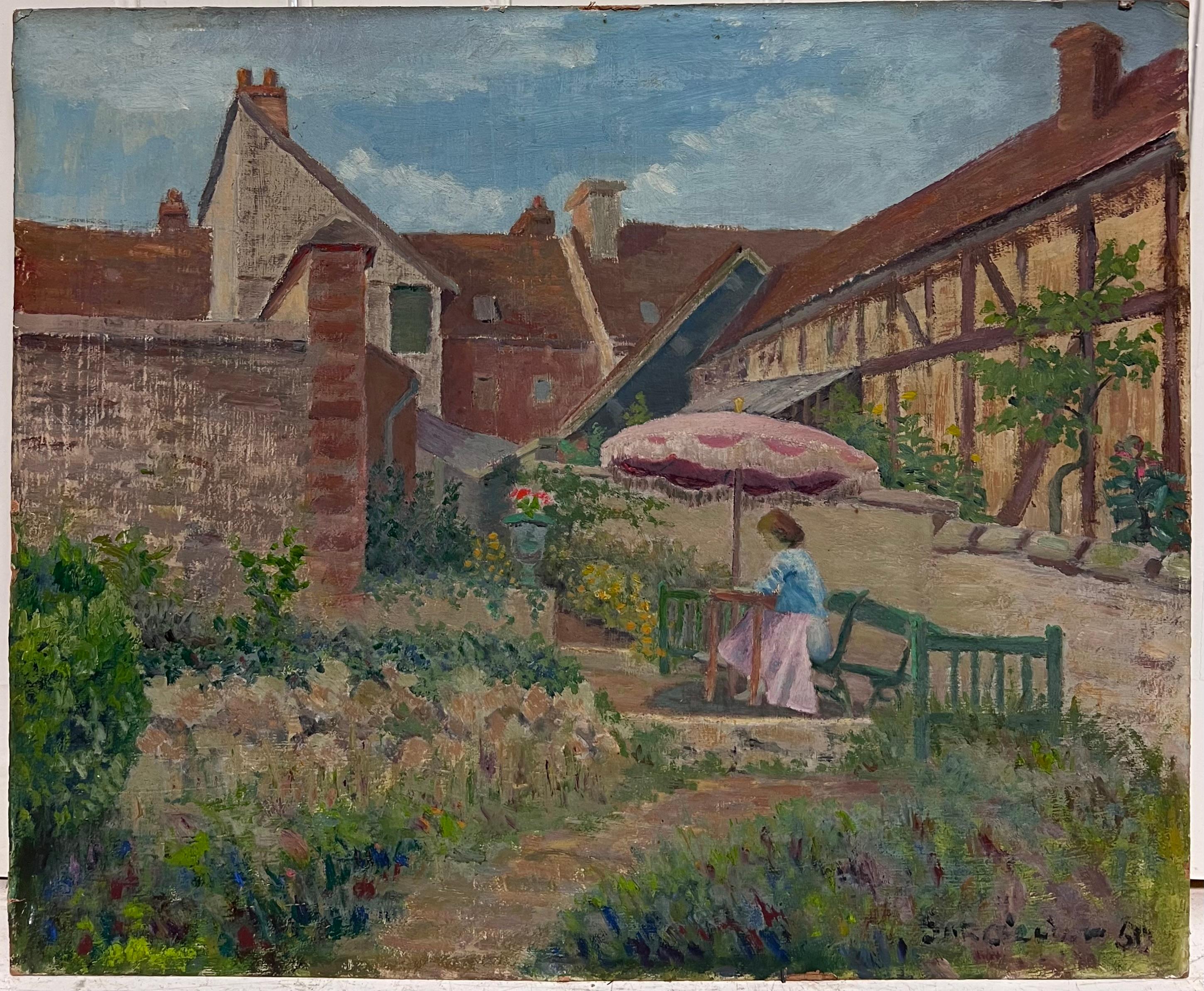 Huile post-impressionniste française des années 1950 signée Dame sous un parasol dans un jardin français - Marron Figurative Painting par French School