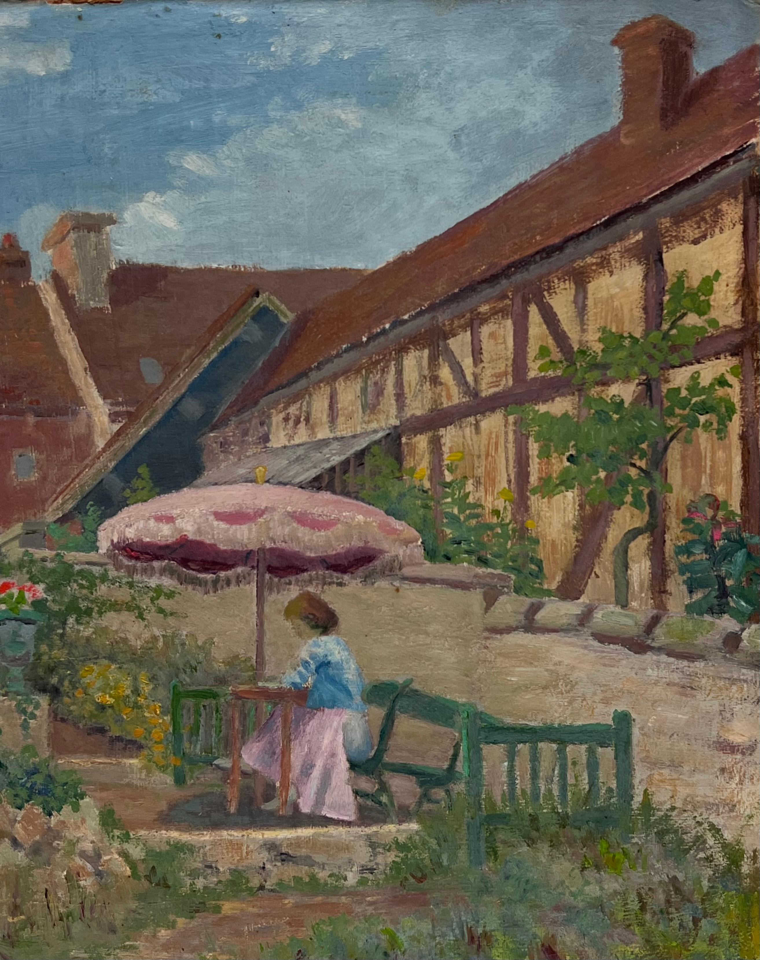 Huile post-impressionniste française des années 1950 signée Dame sous un parasol dans un jardin français en vente 2