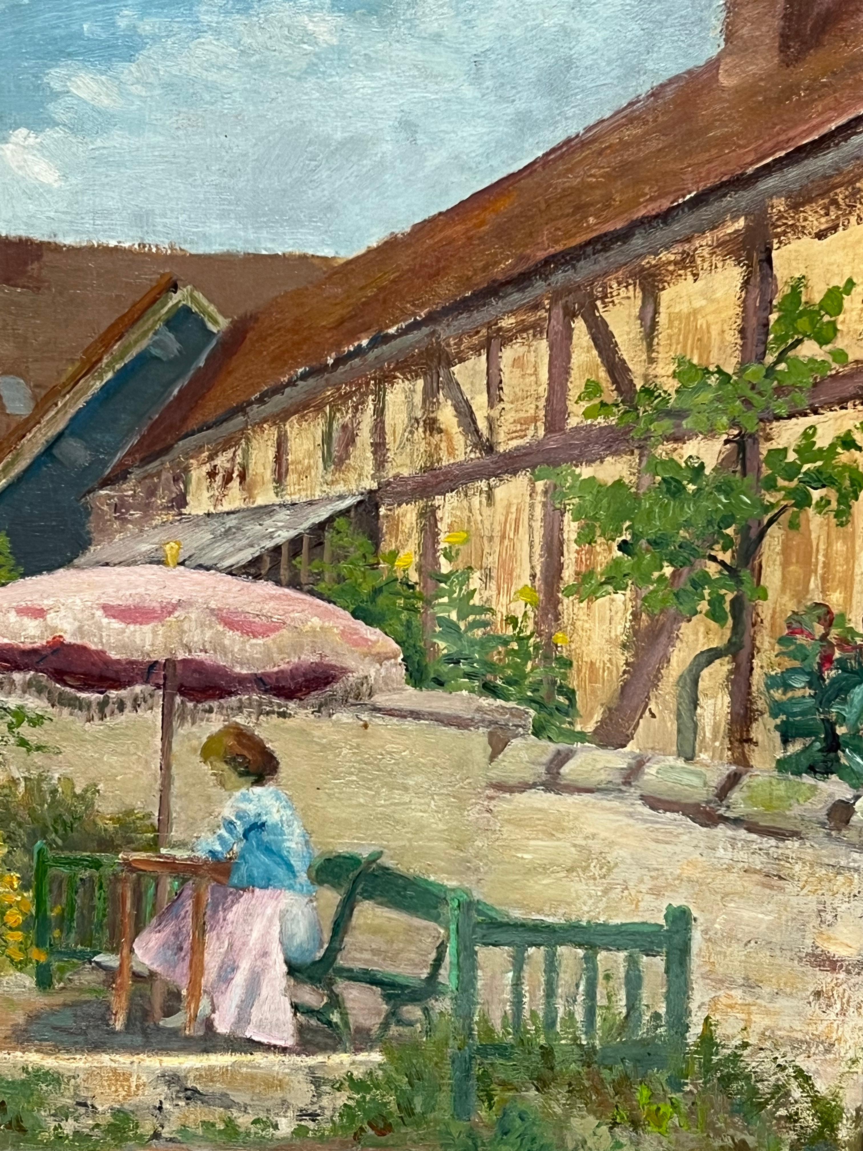 Olio firmato da un post impressionista francese degli anni '50 Signora sotto l'ombrellone in un giardino francese in vendita 3