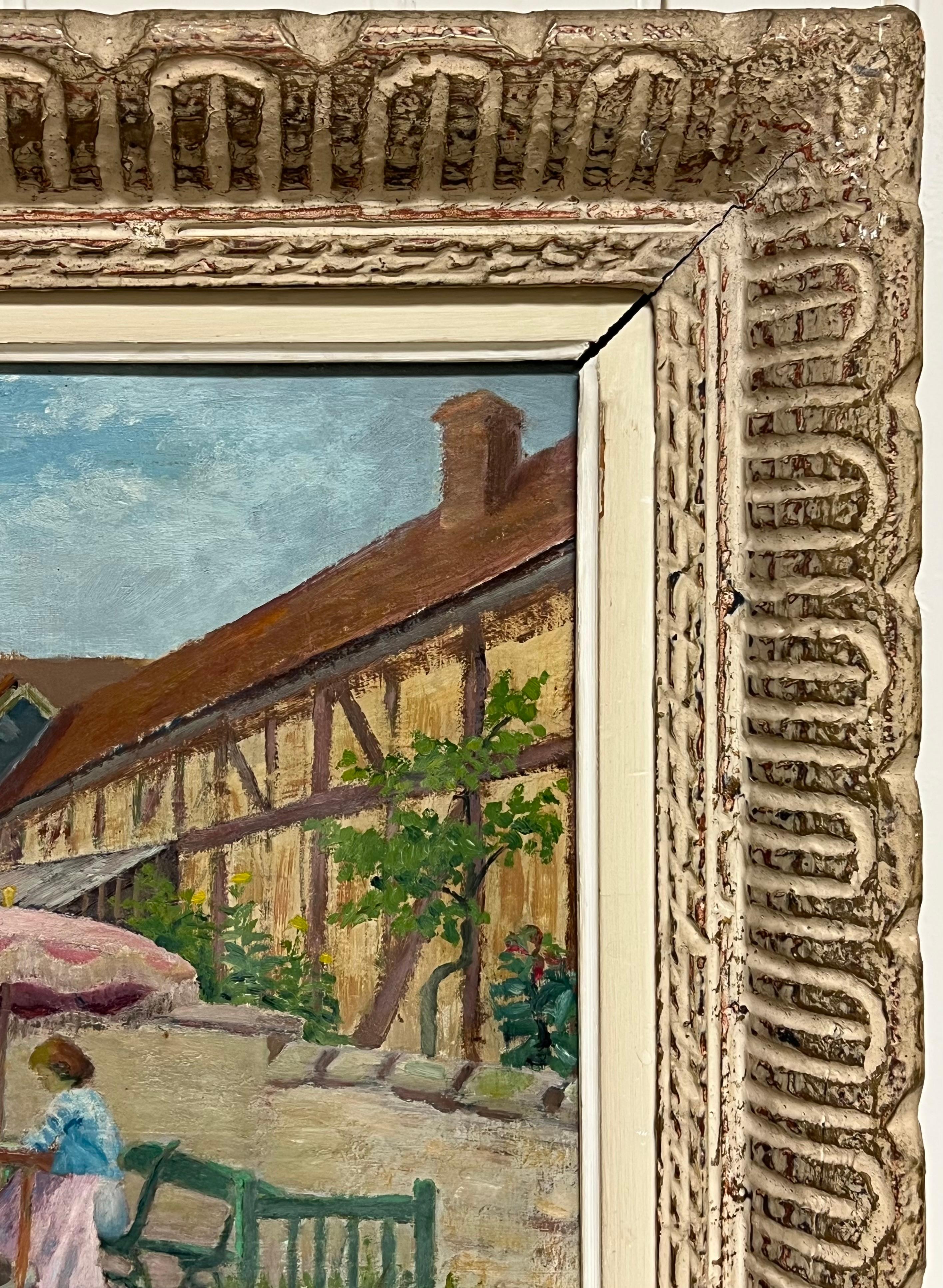 Olio firmato da un post impressionista francese degli anni '50 Signora sotto l'ombrellone in un giardino francese in vendita 4