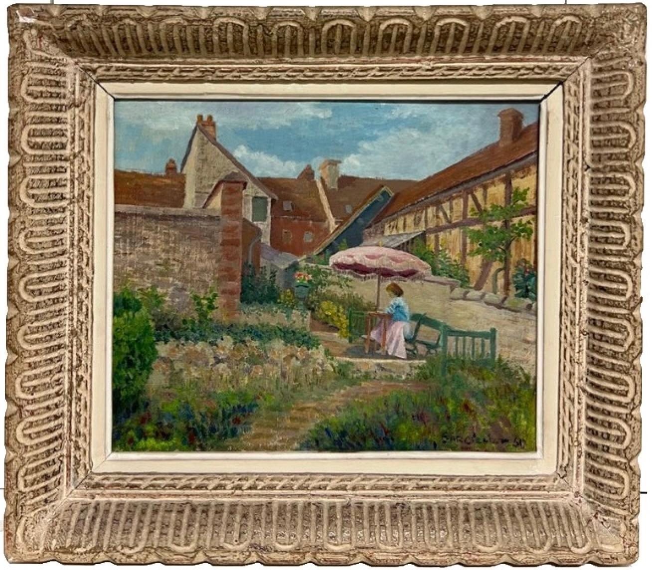 Figurative Painting di French School - Olio firmato da un post impressionista francese degli anni '50 Signora sotto l'ombrellone in un giardino francese