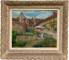 Vintage 1950's French Post Impressionist Signed Oil Lady under Parasol in French Garden