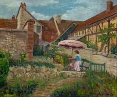 1950's French Post Impressionist Signed Oil Lady under Parasol in French Garden