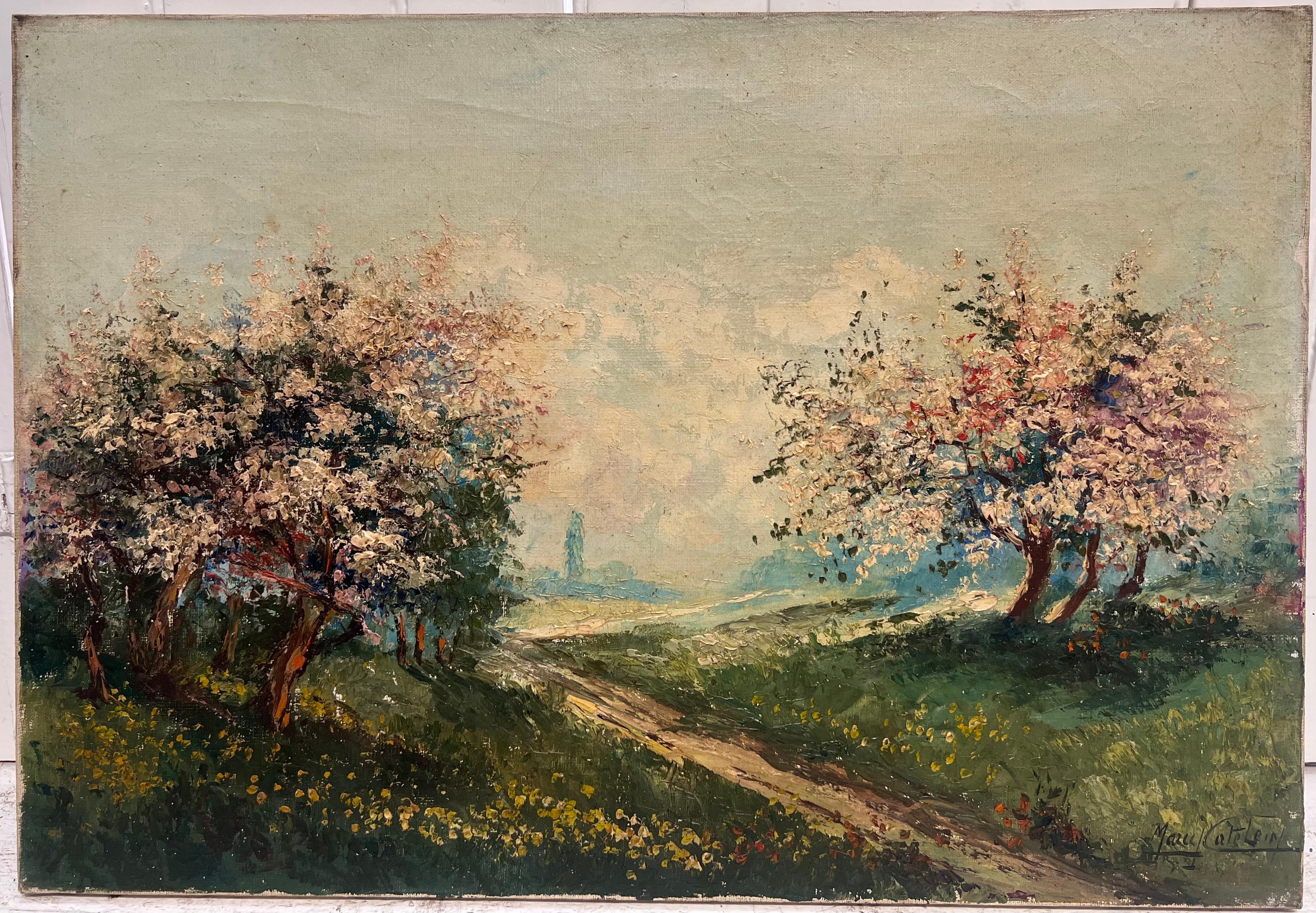 1950's Pintura al óleo francesa postimpresionista firmada Árboles en flor en un paisaje - Painting de French School
