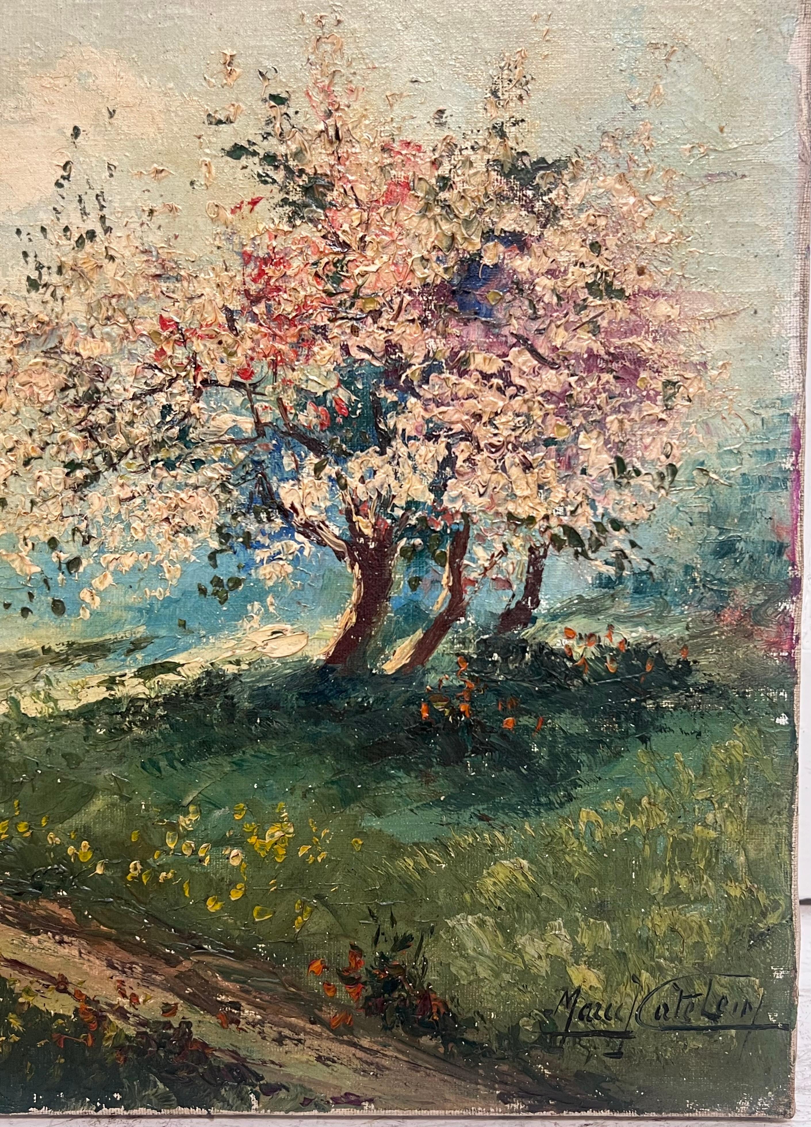 1950's Pintura al óleo francesa postimpresionista firmada Árboles en flor en un paisaje - Painting Posimpresionista de French School
