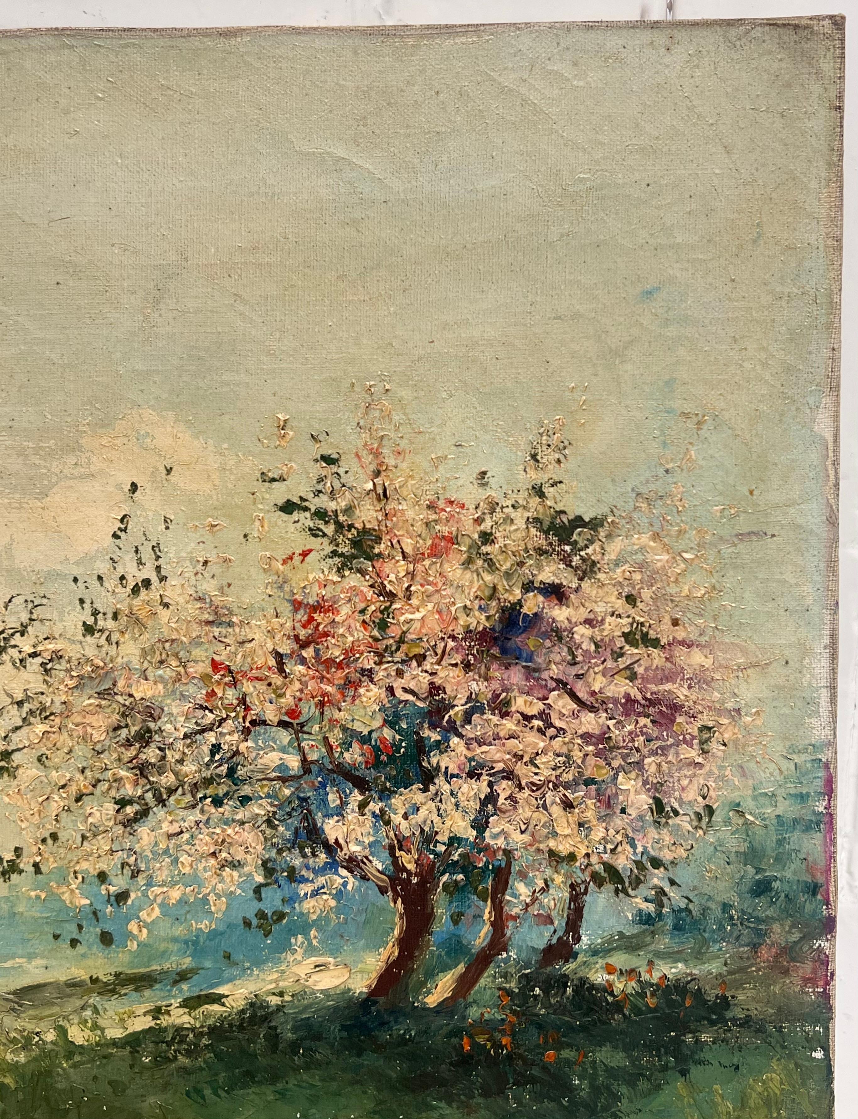 1950's Pintura al óleo francesa postimpresionista firmada Árboles en flor en un paisaje - Landscape Painting Marrón de French School