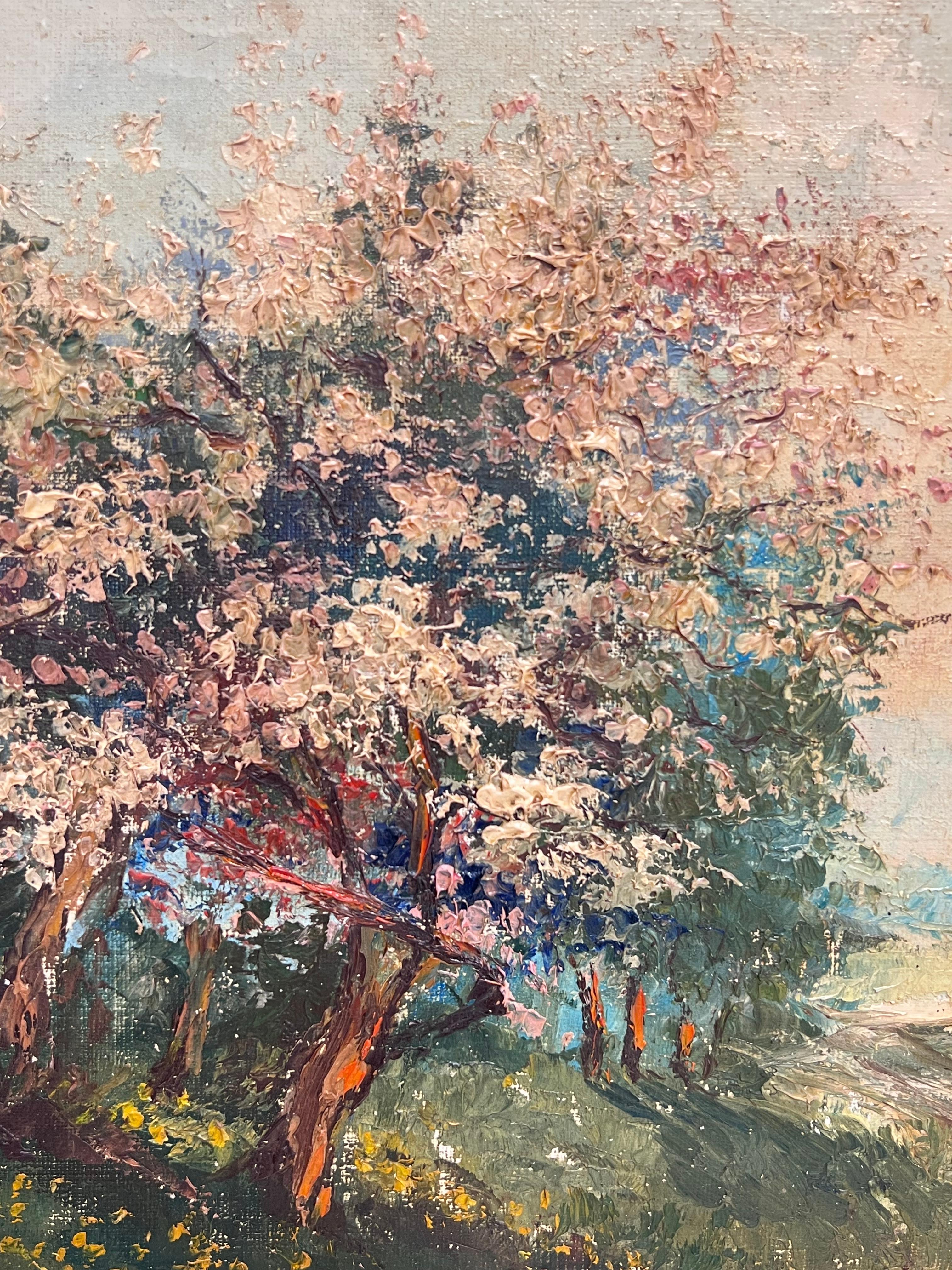 1950's Pintura al óleo francesa postimpresionista firmada Árboles en flor en un paisaje en venta 3
