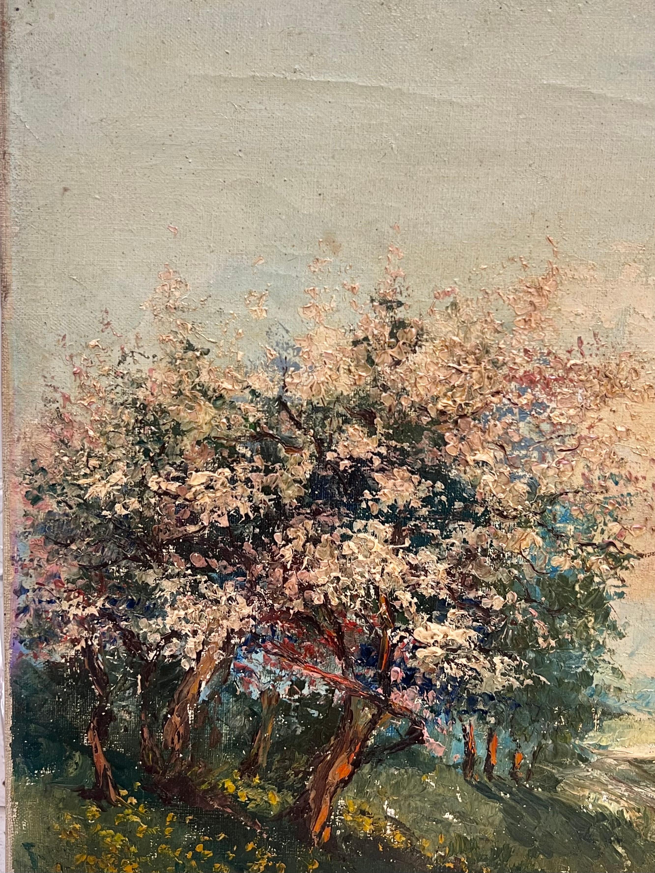 1950's Pintura al óleo francesa postimpresionista firmada Árboles en flor en un paisaje en venta 4