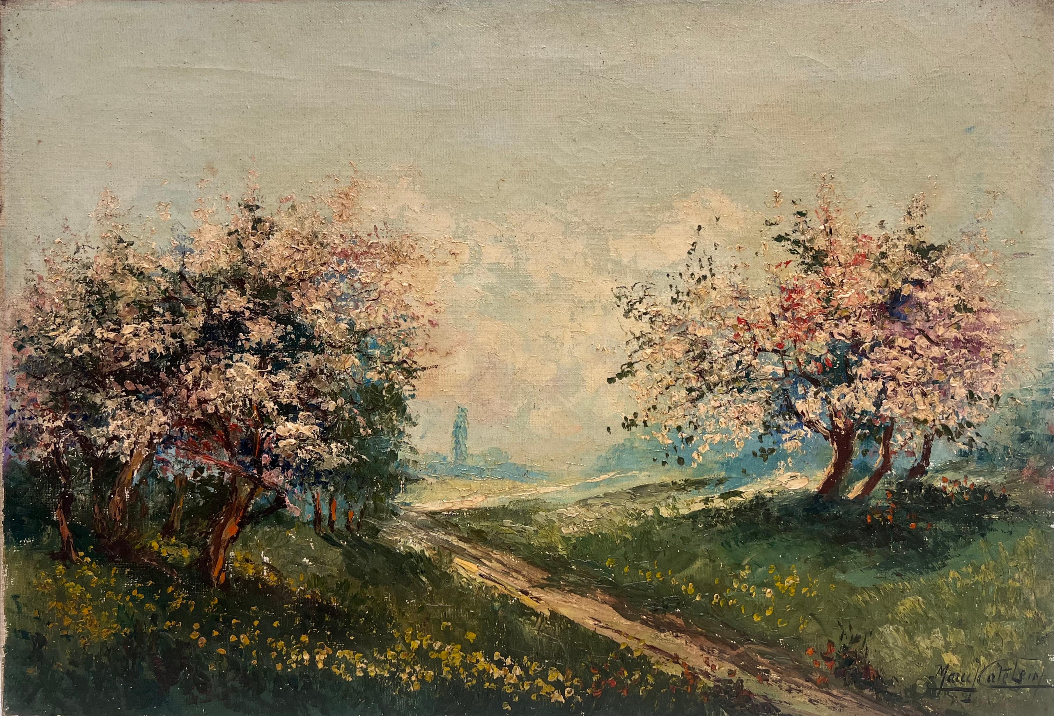 Landscape Painting de French School - 1950's Pintura al óleo francesa postimpresionista firmada Árboles en flor en un paisaje