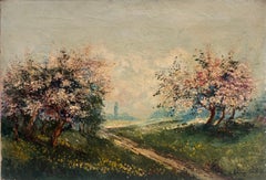 1950's Pintura al óleo francesa postimpresionista firmada Árboles en flor en un paisaje