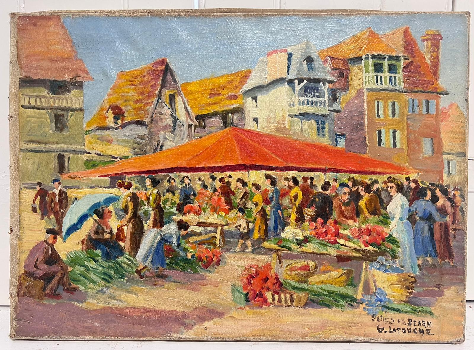 1950's French Signed Oil Busy Fruit & Veg Market Town Square with Figures - Painting by French School
