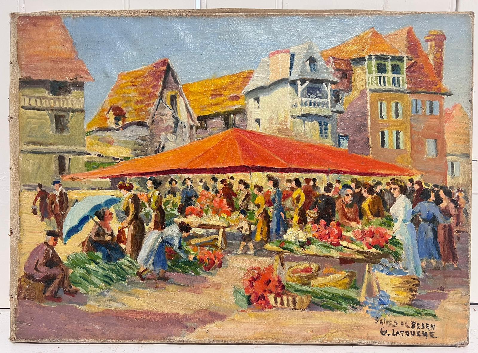 1950's Óleo Francés Firmado Plaza del Mercado de Frutas y Verduras con Figuras - Painting de French School