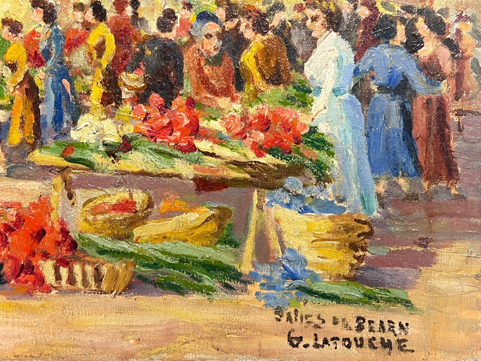 1950's French Signed Oil Busy Fruit & Veg Market Town Square with Figures - Impressionist Painting by French School