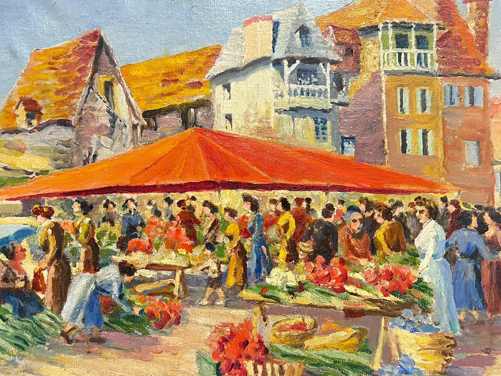 1950's French Signed Oil Busy Fruit & Veg Market Town Square with Figures For Sale 1