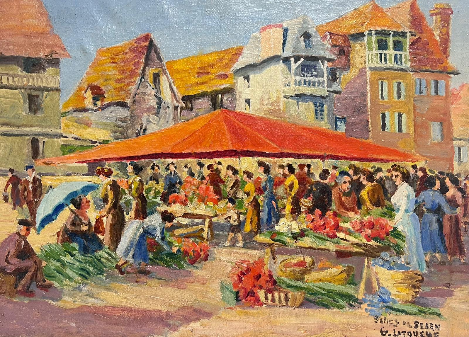 French School Landscape Painting - 1950's French Signed Oil Busy Fruit & Veg Market Town Square with Figures
