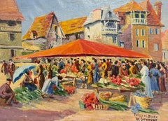 1950's Französisch signiert Öl Geschäftige Obst & Gemüse Markt Townes mit Figuren