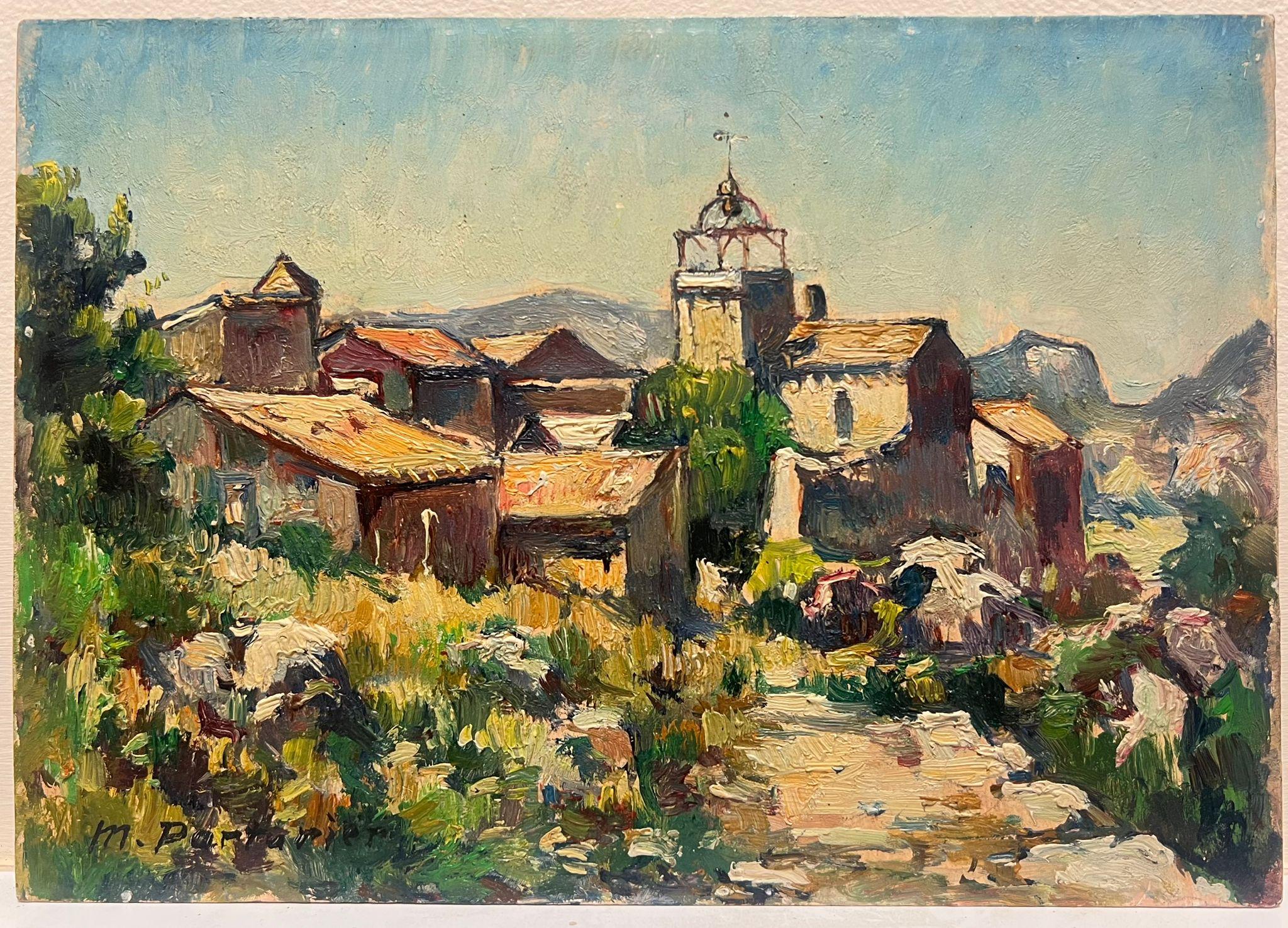 1950's French Signed Oil Sunlit Village in Provence French Oil Painting - Brown Landscape Painting by French School