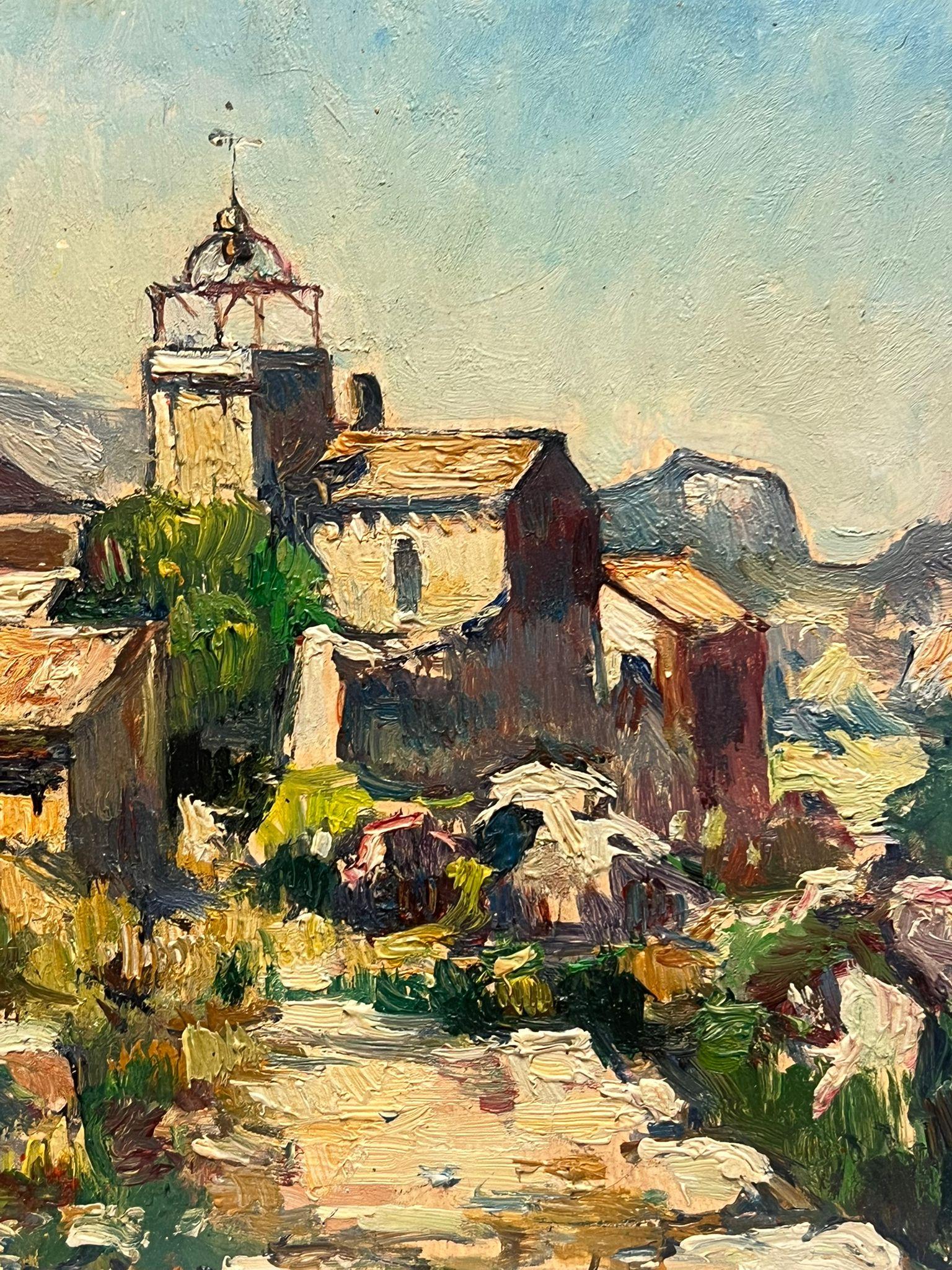 Sunlit Village in Provence 
mid 20th century
signed oil on board, unframed
Board : 7.5 x 10.75 inches
Provenance: private collection, France
Condition: very good condition

Description:
This beautiful painting captures a sunlit village nestled in