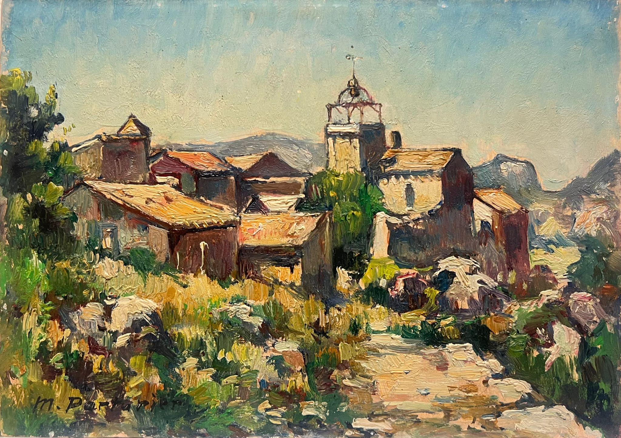 French School Landscape Painting - 1950's French Signed Oil Sunlit Village in Provence French Oil Painting