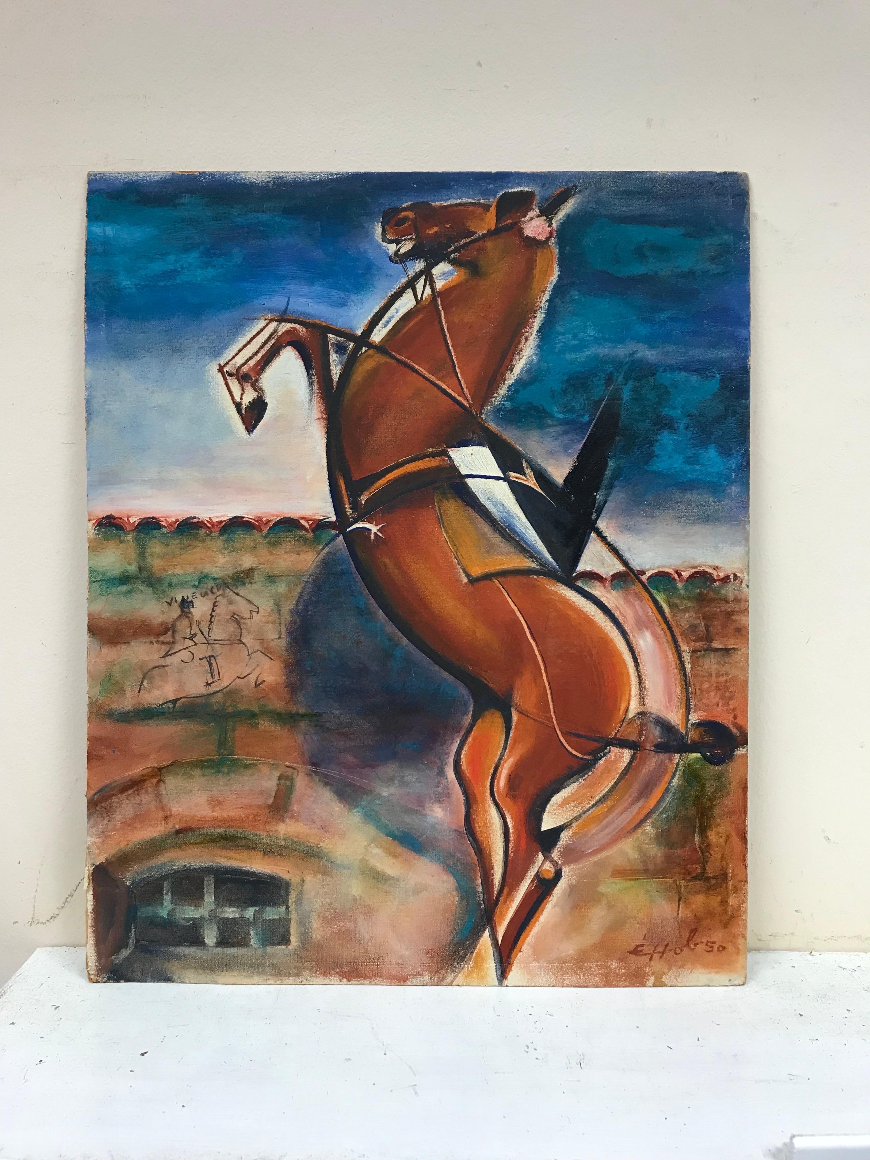 1950's Óleo firmado en francés/español - Caballo Rampante Modernista en Paisaje - Painting de French School