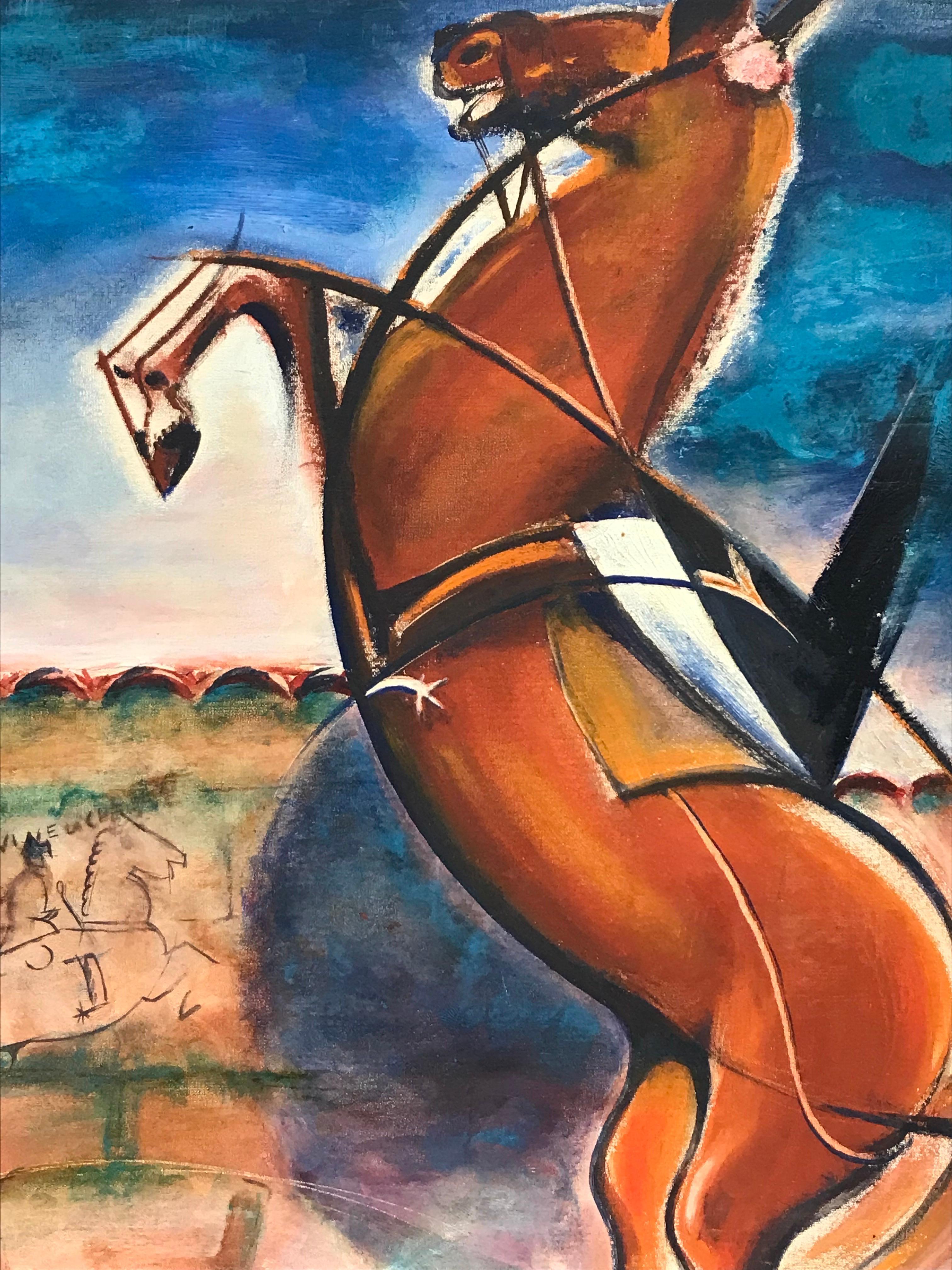 1950's Óleo firmado en francés/español - Caballo Rampante Modernista en Paisaje - Painting Impresionista de French School