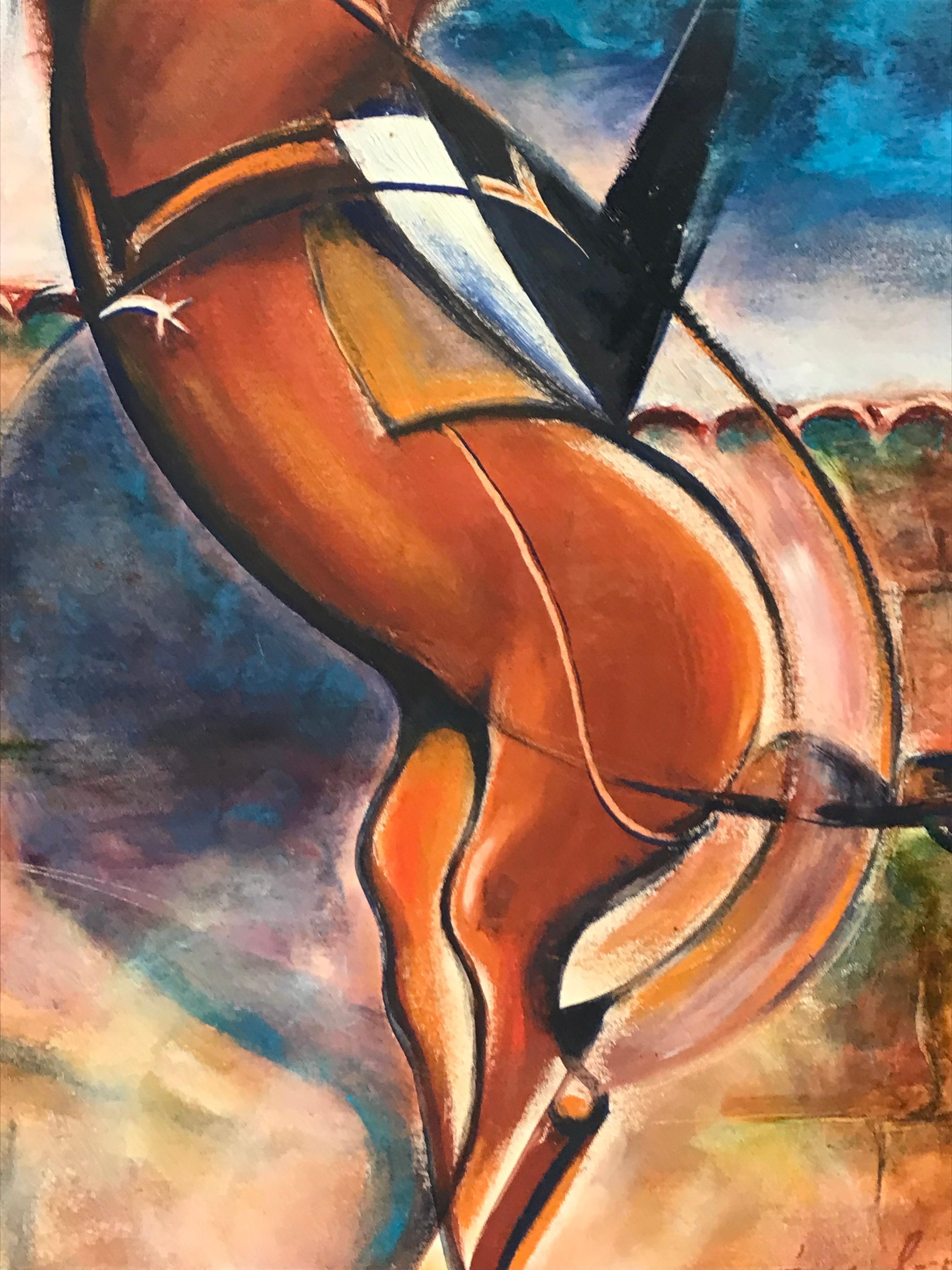 1950's Óleo firmado en francés/español - Caballo Rampante Modernista en Paisaje - Animal Painting Gris de French School