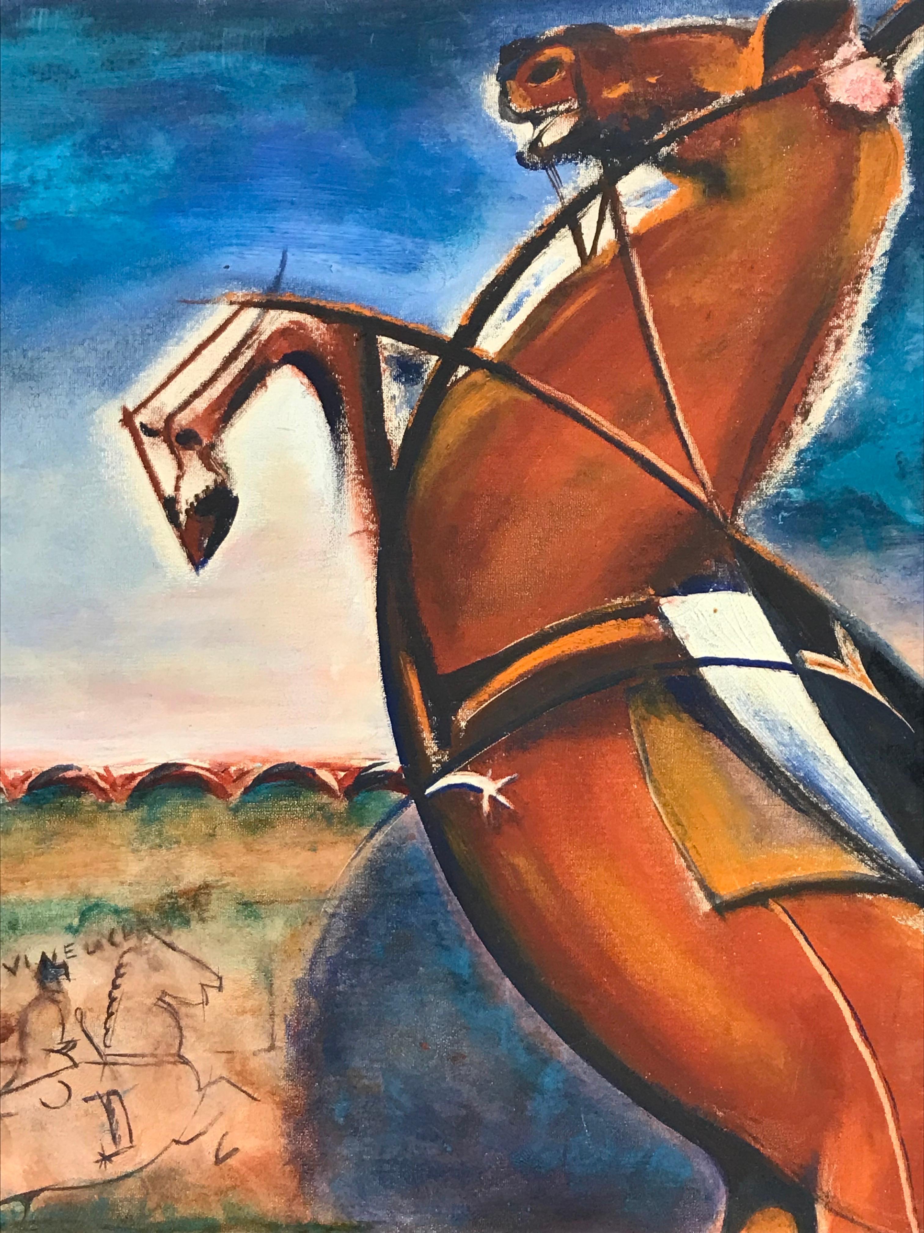 1950's Óleo firmado en francés/español - Caballo Rampante Modernista en Paisaje en venta 1