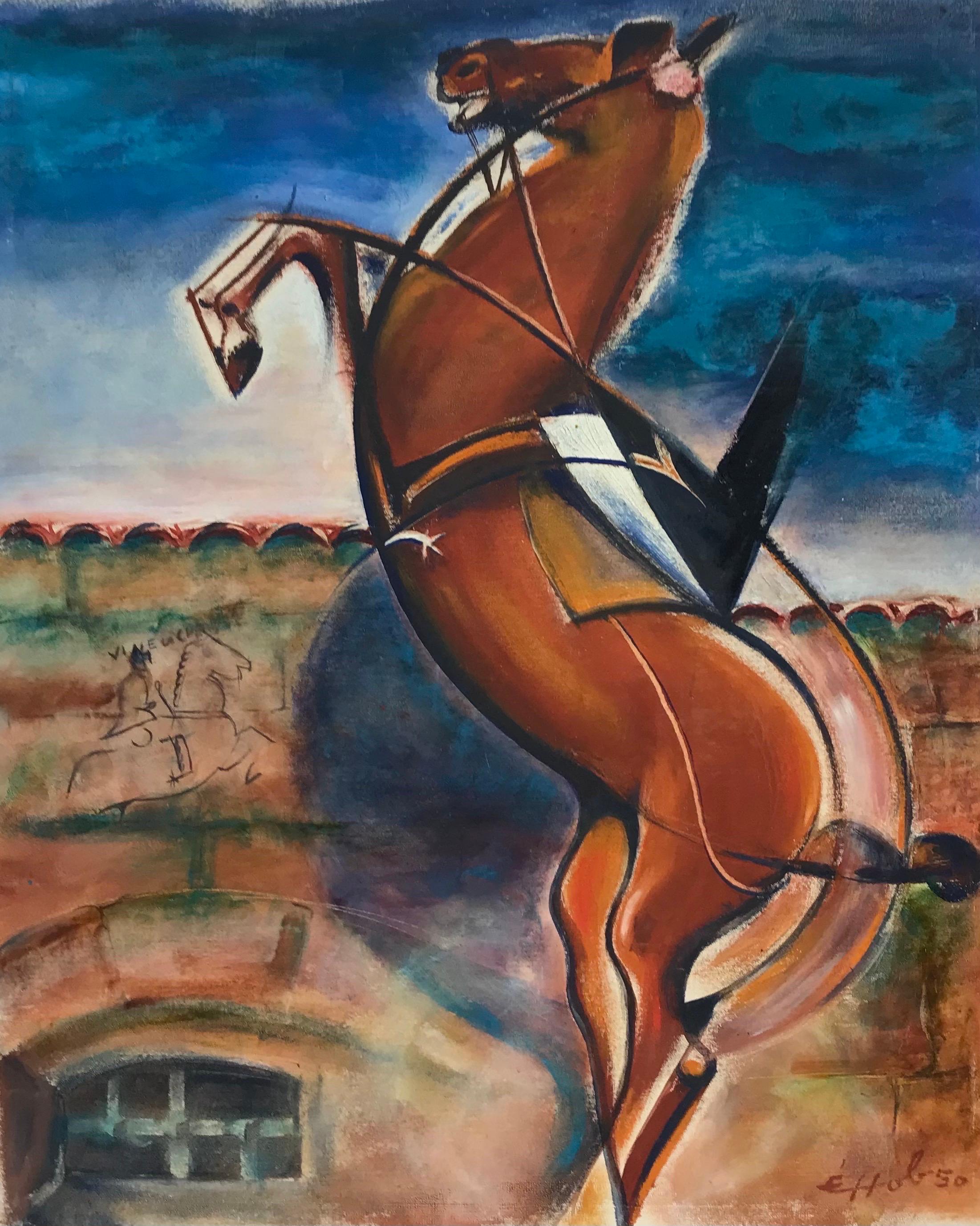 Animal Painting de French School - 1950's Óleo firmado en francés/español - Caballo Rampante Modernista en Paisaje