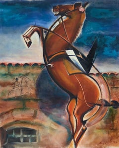 Vintage 1950's French/ Spanish Signed Oil - Modernist Prancing Horse in Landscape