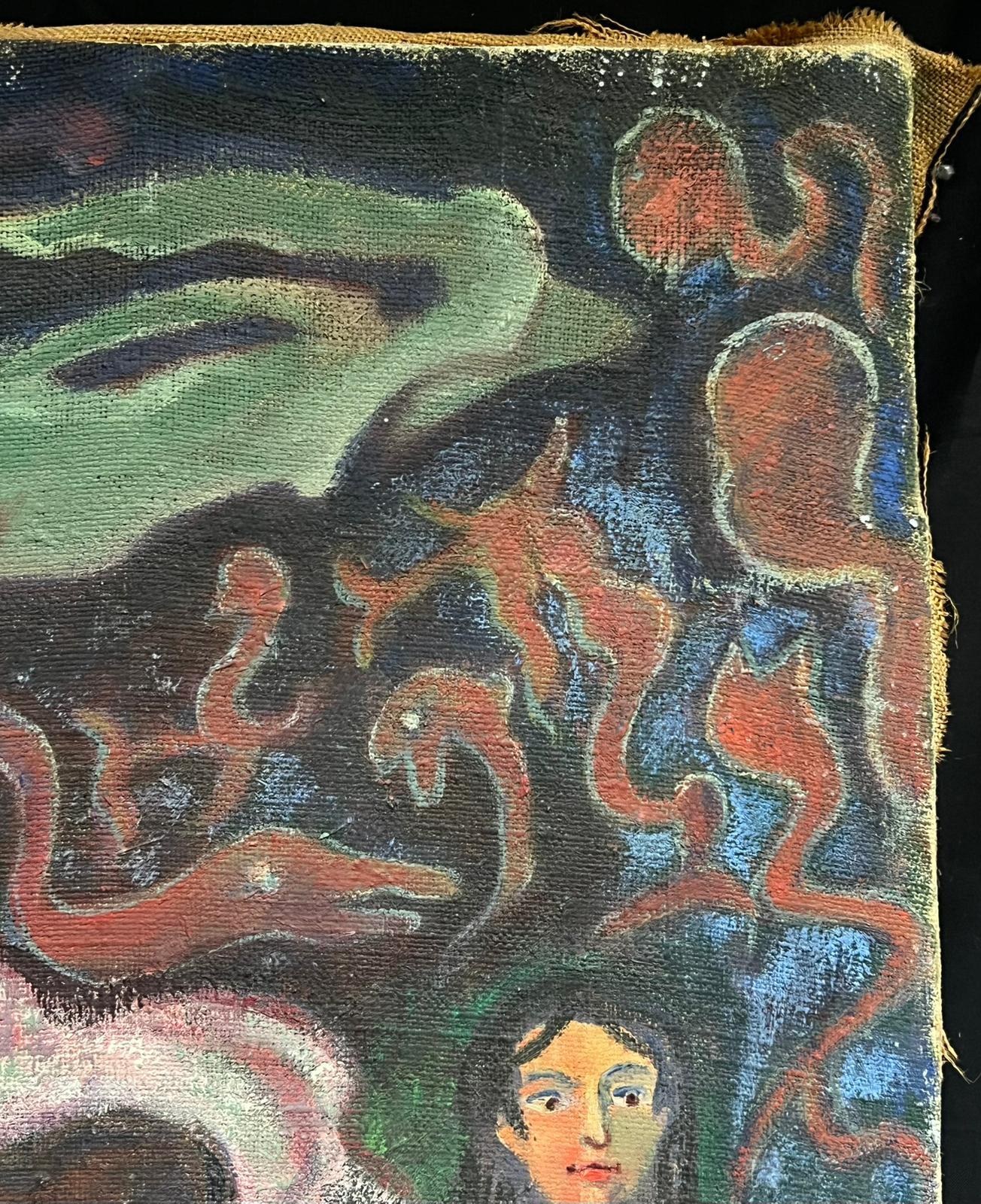 1950's Pintura al Óleo Surrealista Francesa Firmada Enorme Desnudo Paisaje Onírico con Esqueleto en venta 6