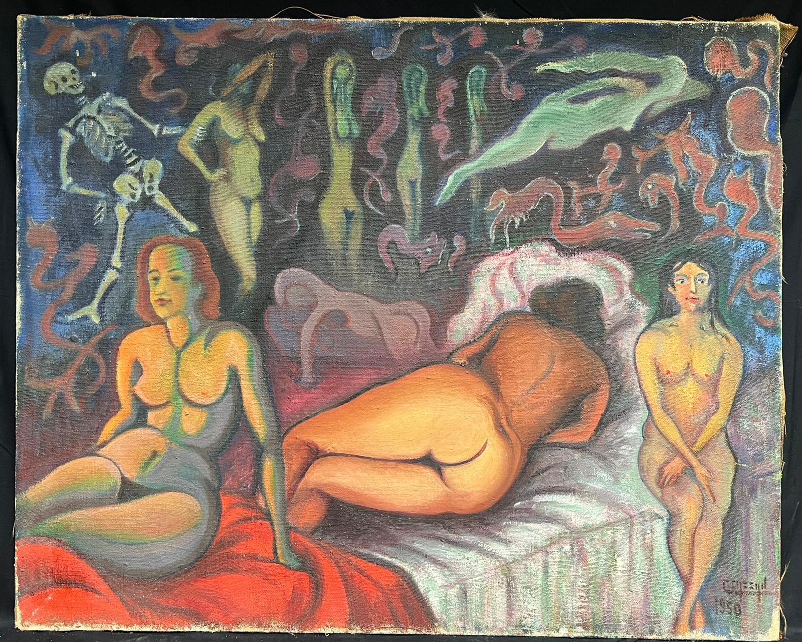1950's Pintura al Óleo Surrealista Francesa Firmada Enorme Desnudo Paisaje Onírico con Esqueleto - Painting de French School