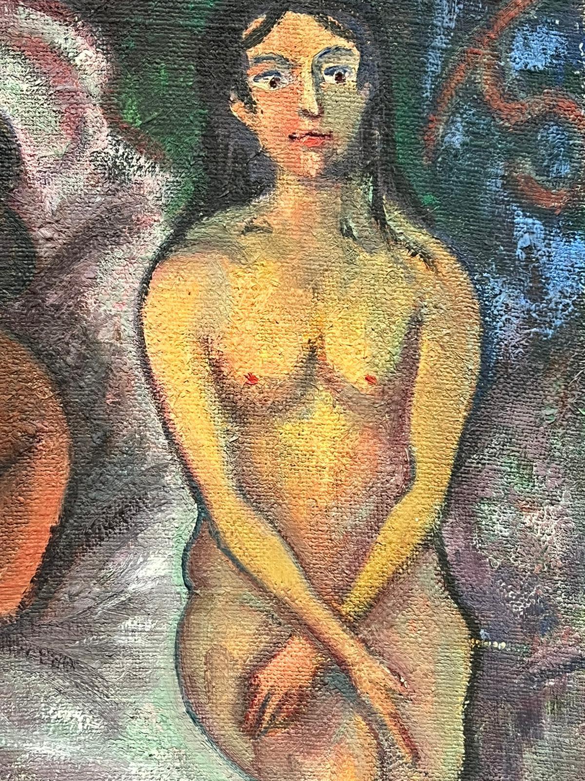 1950's Pintura al Óleo Surrealista Francesa Firmada Enorme Desnudo Paisaje Onírico con Esqueleto - Figurative Painting Marrón de French School
