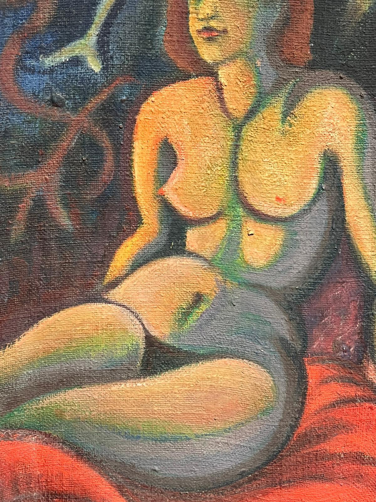 1950's Pintura al Óleo Surrealista Francesa Firmada Enorme Desnudo Paisaje Onírico con Esqueleto en venta 1