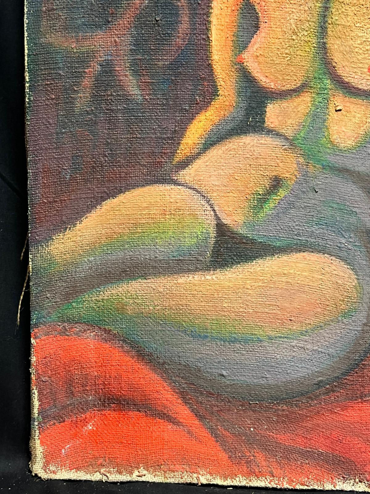 1950's Pintura al Óleo Surrealista Francesa Firmada Enorme Desnudo Paisaje Onírico con Esqueleto en venta 2