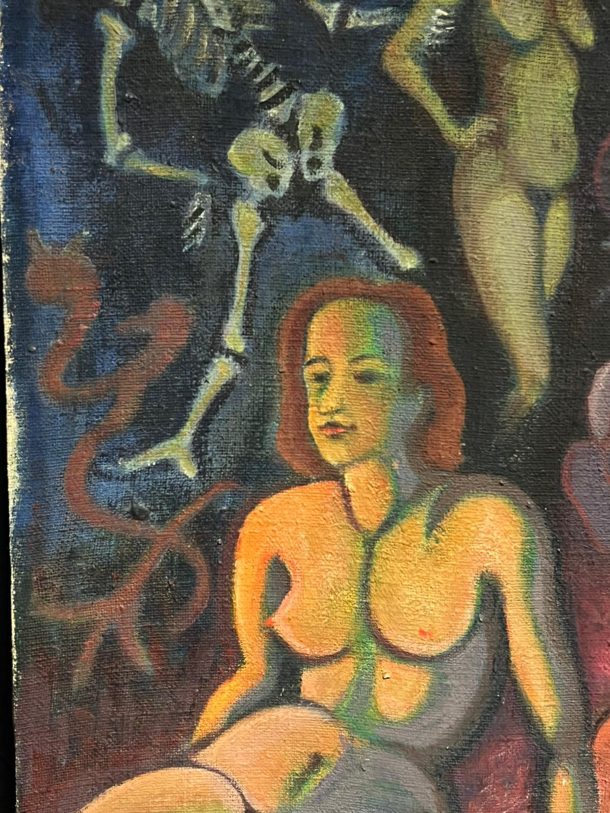 1950's Pintura al Óleo Surrealista Francesa Firmada Enorme Desnudo Paisaje Onírico con Esqueleto en venta 4