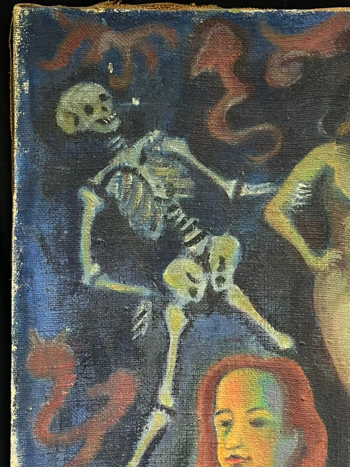 1950's Pintura al Óleo Surrealista Francesa Firmada Enorme Desnudo Paisaje Onírico con Esqueleto en venta 5